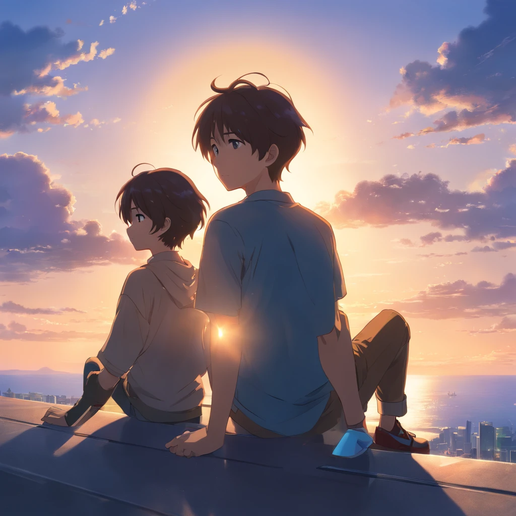 masutepiece, Best quality, cinematic Film still from, 1boys, solo person, Floating in the sky, Close-up, Sleepy, Warm and soft lighting, Sunset, (spark of light:0.7), (AS-Young:1.7), (1boys:1.8), (Male focus:1.2), (Cute:1.7) Shigeo Kageyama, Mob psychosis, view the viewer, Sitting down,Disgusted eyes