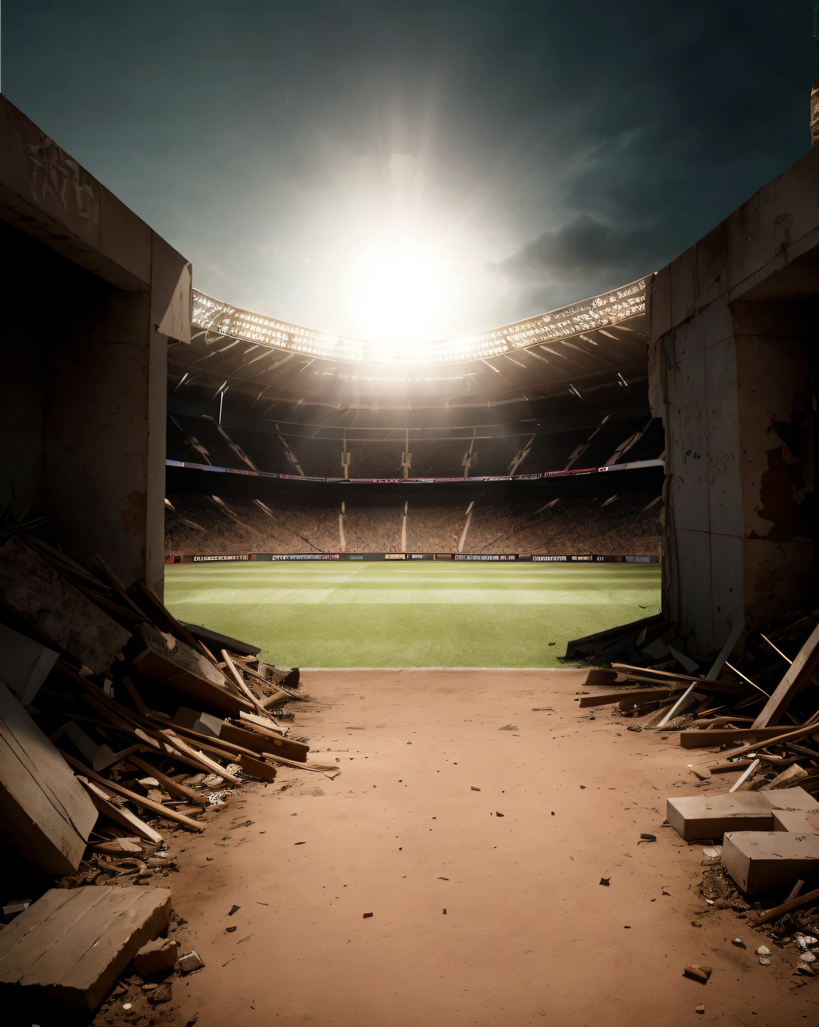 Arafed view of a baseball stadium with a field and a lot of debris, football stadium, stadium landscape, baseball stadium, em uma paisagem de arena de gladiadores, dramatic stadium lighting, standing in a stadium, stadium, demolition, post apocalyptic view, Directed by: Thomas Häfner, definir foto, ground level view, view from ground level, Estética Constantine movie