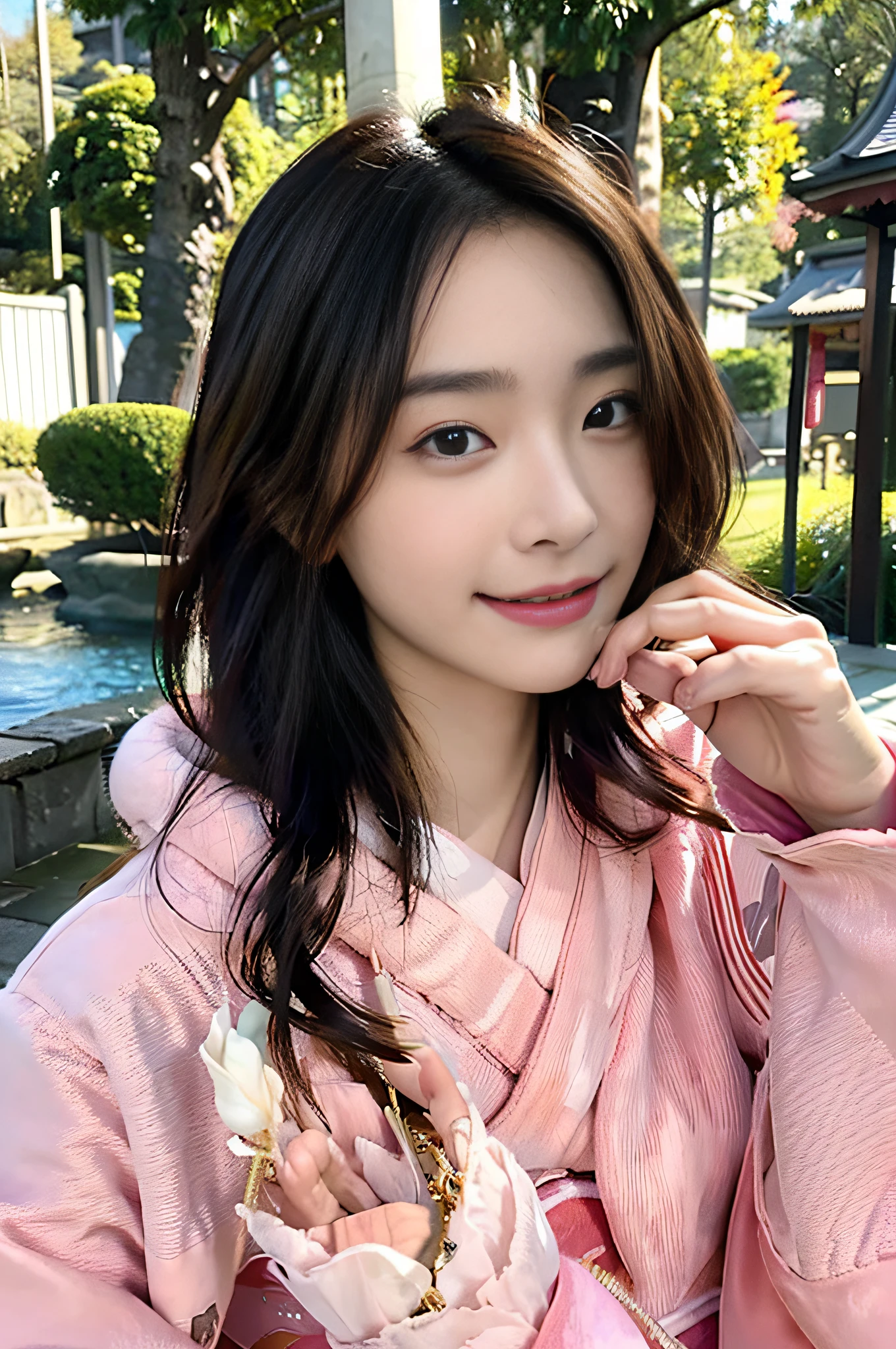 (ultra best quality、超A high resolution、8k、masterpiece:1.3)、Beautiful Women in Perfect Figure:1.4、(Fluttering hair)、A dark-haired、Semi-long hair、Fantastical、Kogal、Skinny Legs、Age is16years old、small tits、Beautuful Women,、Lori face、, ((((Pink kimono)))),、、(Flashy design)、Teen, 、Eyes and faces with detailed,、二重まぶた、(golden hair ornaments)、A smile、、beatiful backgrounds、full body Esbian、Japan countryside、mont、Beautiful Landscapes