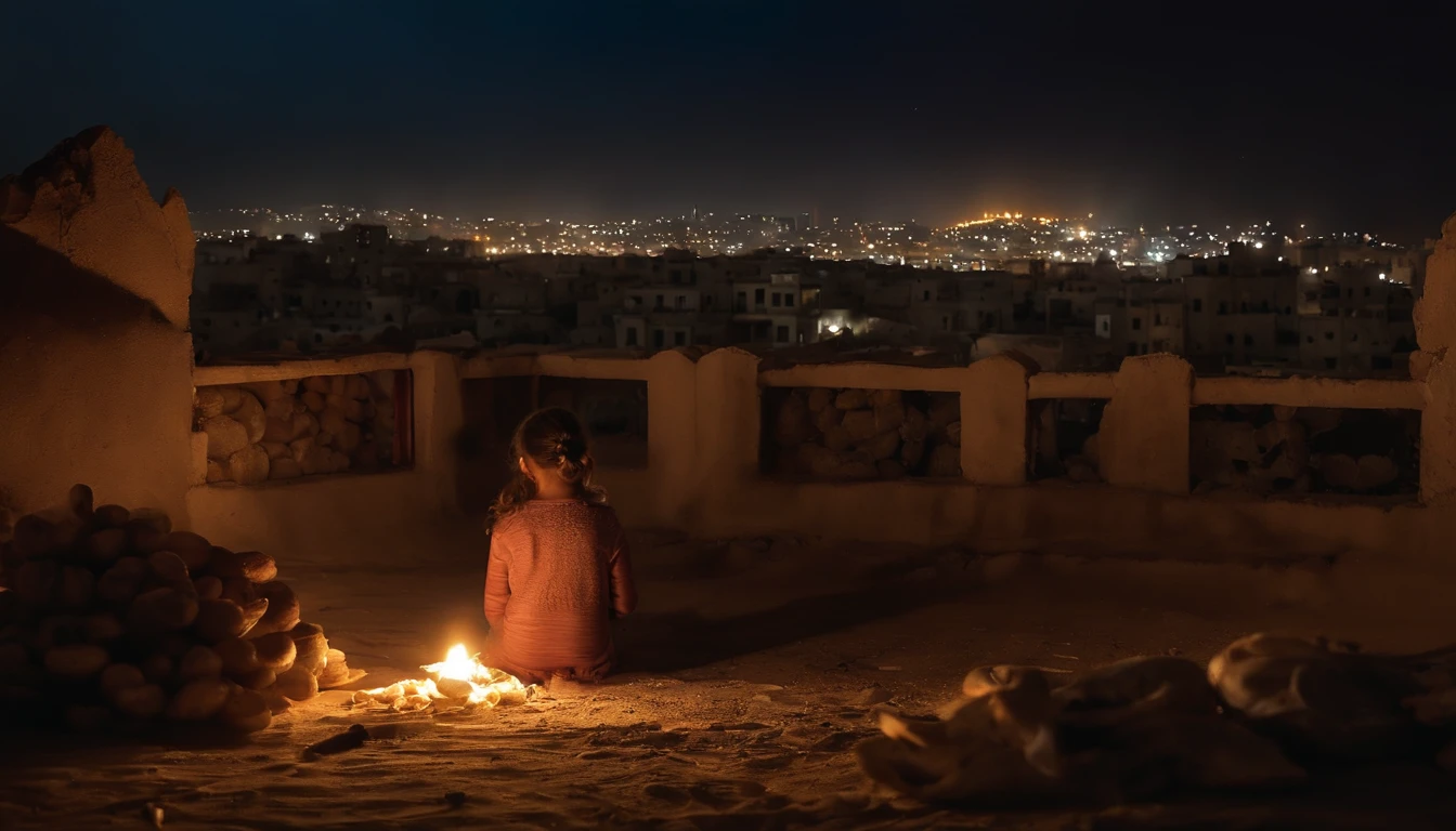 Israeli-Palestinian conflict，At war，At night, shells lit up the night sky，Reflecting a little girl on the ground praying silently for peace，In the background is a city that has been bombed everywhere