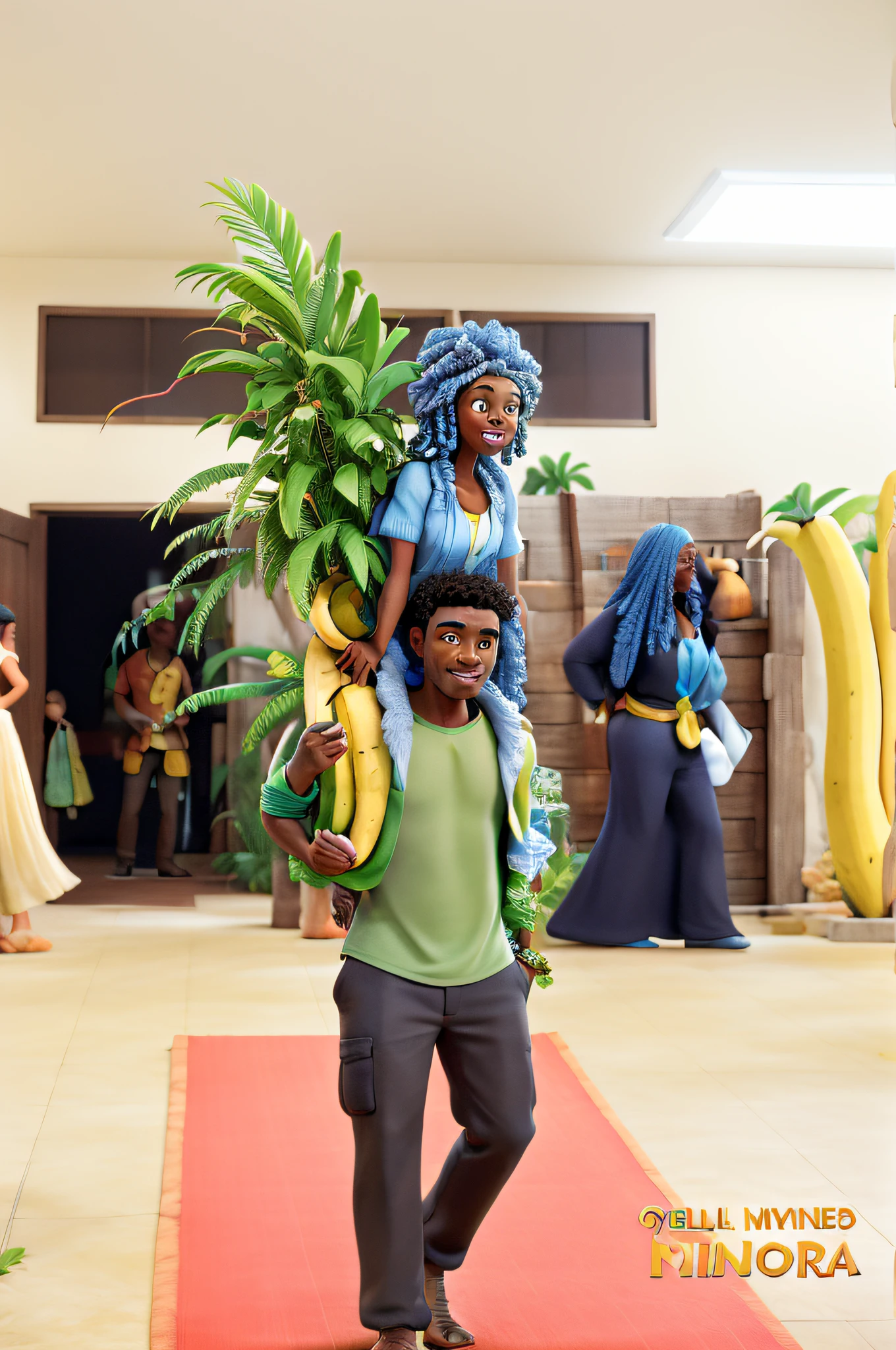 Black man in tree costume carrying a banana tree branch with woman on his back dressed up as a biblical character in Disney Pixar style, alta qualidade, melhor qualidade
