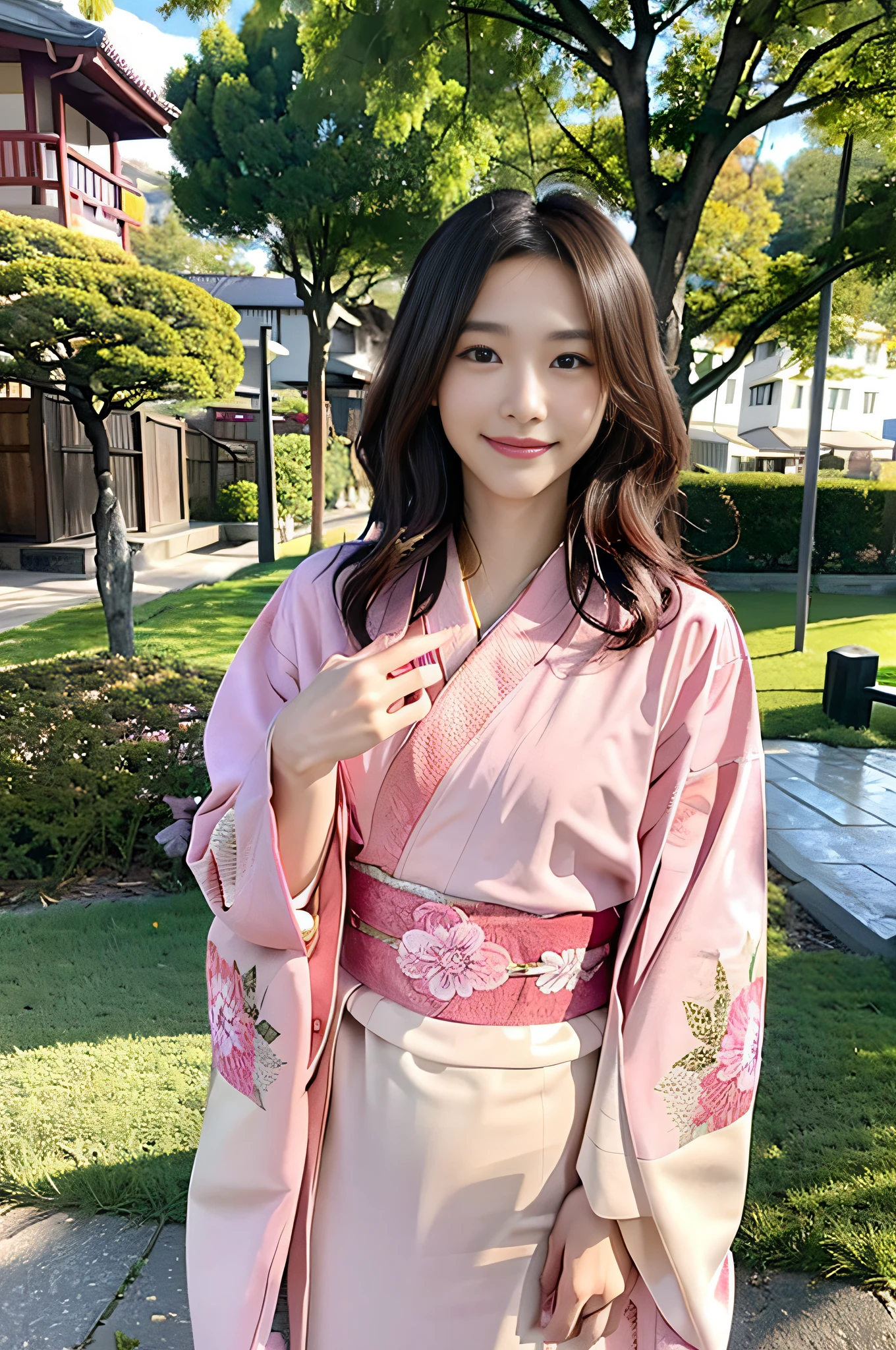 (ultra best quality、超A high resolution、8k、masterpiece:1.3)、Beautiful Women in Perfect Figure:1.4、(Fluttering hair)、A dark-haired、Semi-long hair、Fantastical、Kogal、Skinny Legs、Age is16years old、small tits、Beautuful Women,、Lori face、, ((((Pink kimono)))),、、(Flashy design)、, 、Eyes and faces with detailed,、二重まぶた、(golden hair ornaments)、A smile、、beatiful backgrounds、full body Esbian、Japan countryside、