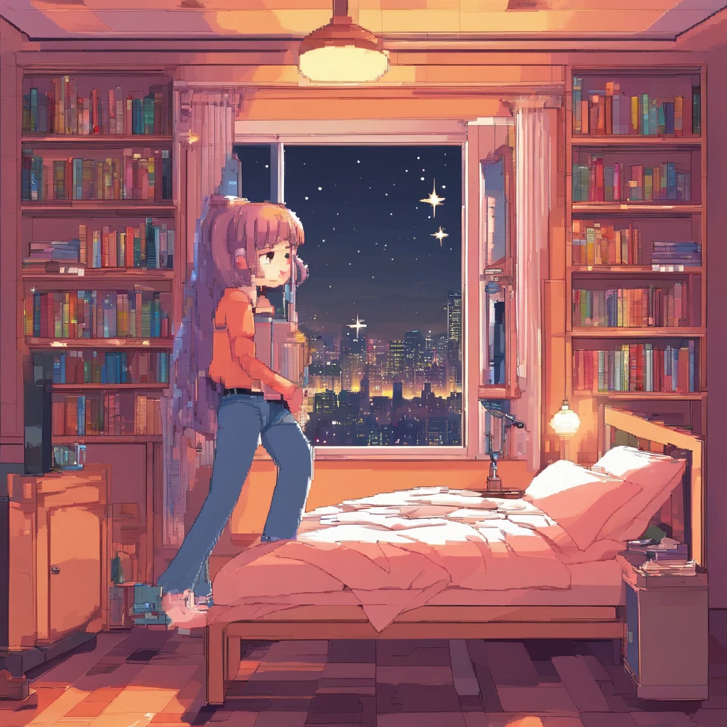Beautiful teenage girl in her room in the city Whirling earpads hyperreal studded with computer books in front of the stars in the window at night,8K,Ultra-fine HD,pixer style,High Definition,1920x1080,cigarettes