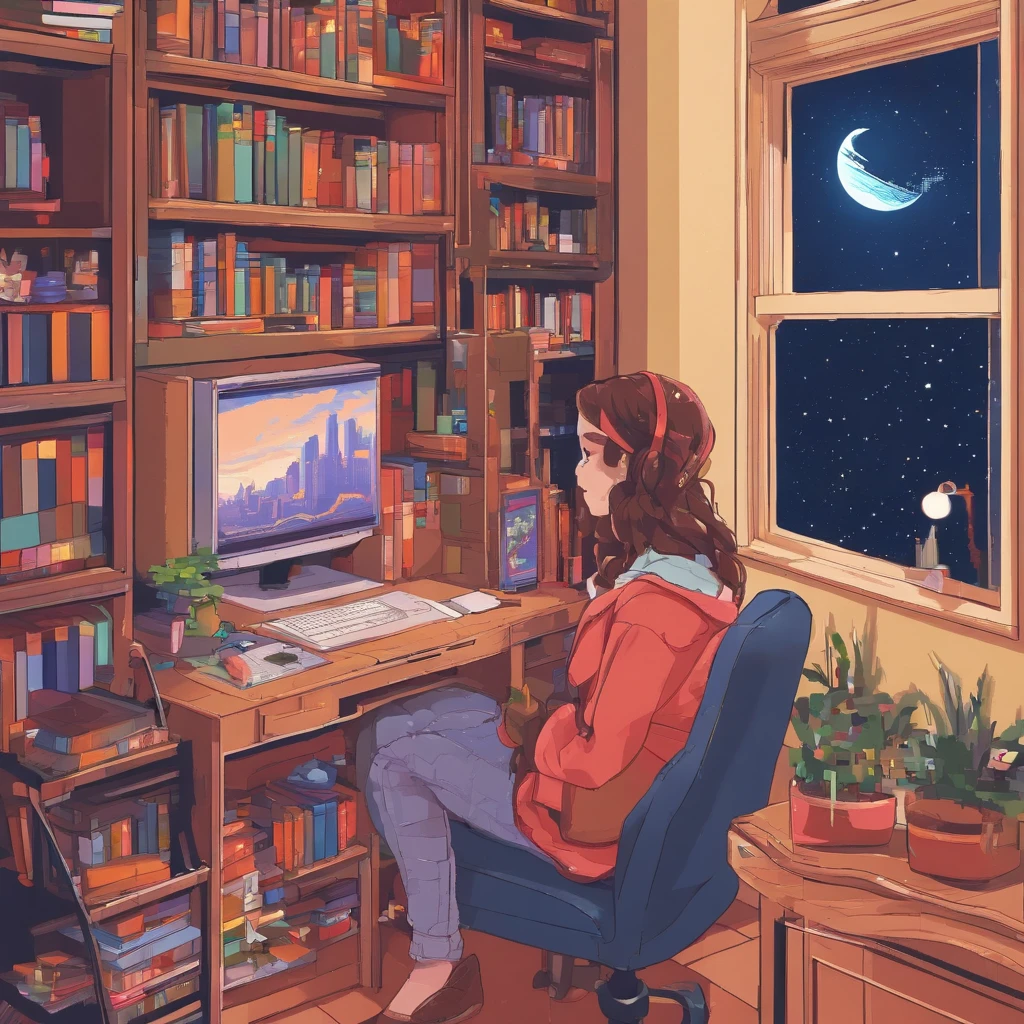 Beautiful  girl in her room in the city Whirling earpads hyperreal studded with computer books in front of the stars in the window at night,8K,Ultra-fine HD,pixer style,High Definition,1920x1080,cigarettes