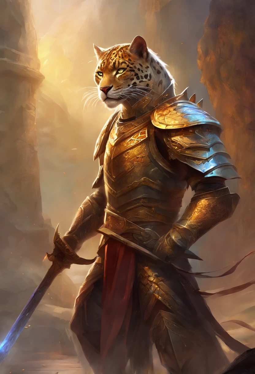 Khajiit Jaguar Female, in armor, stands, On the battlefield, with a sword and a shield in his hands
