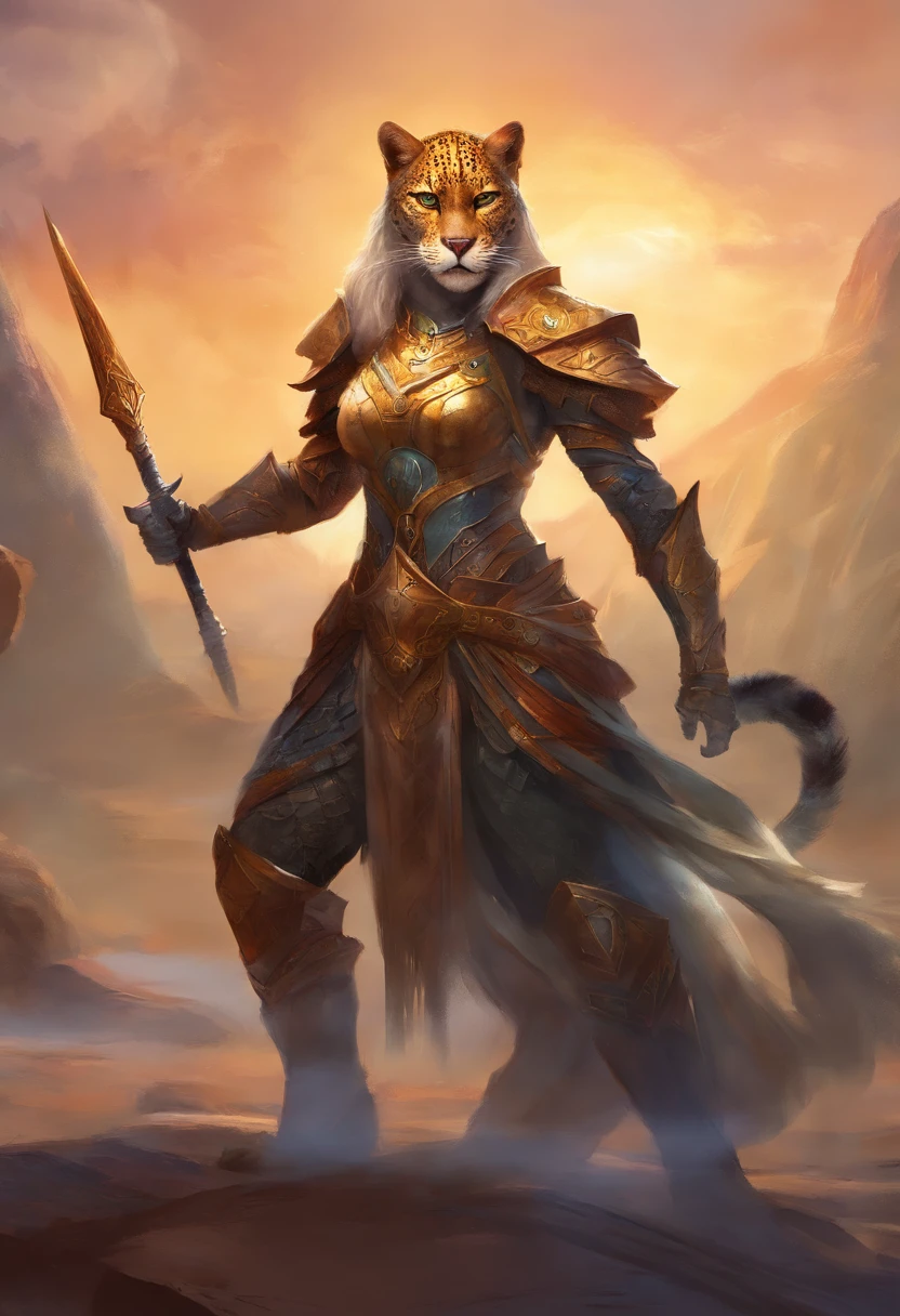 Khajiit Jaguar Female, in armor, stands, On the battlefield, with a sword and a shield in his hands