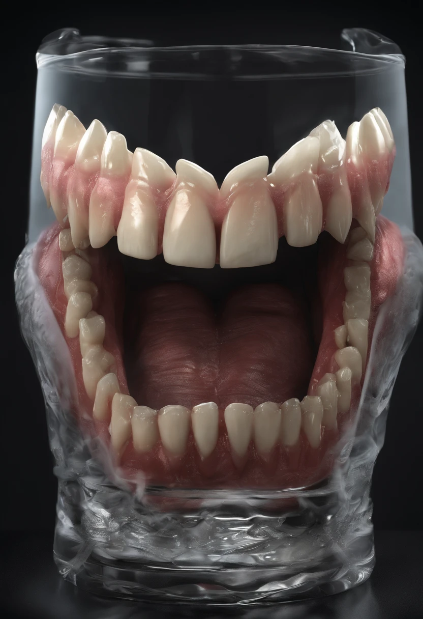 False teeth with fangs in a glass, dark undertones, Accent lighting, False teeth, fangs , Realistic