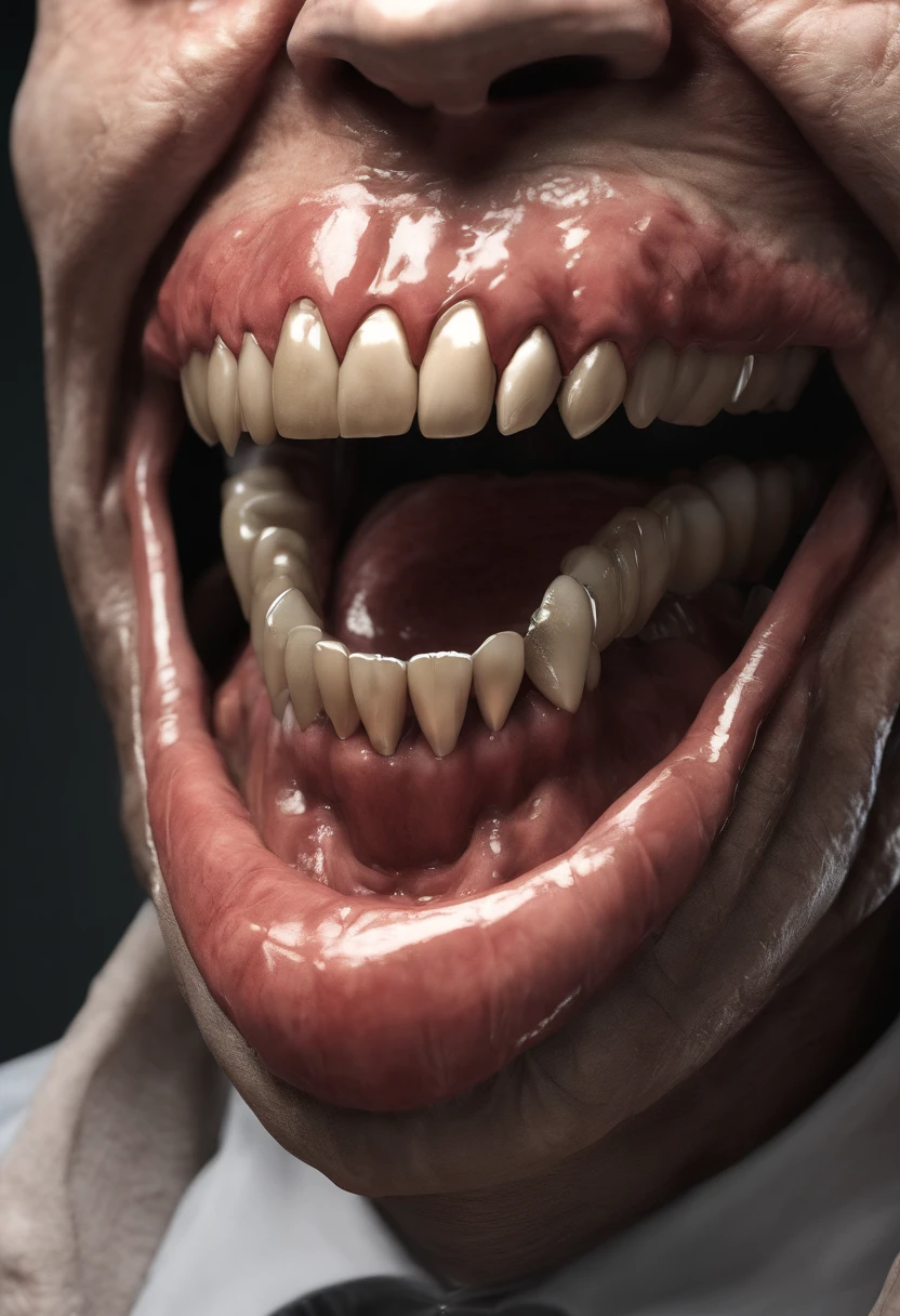 False teeth with fangs in a glass, dark undertones, Accent lighting, False teeth, fangs , Realistic