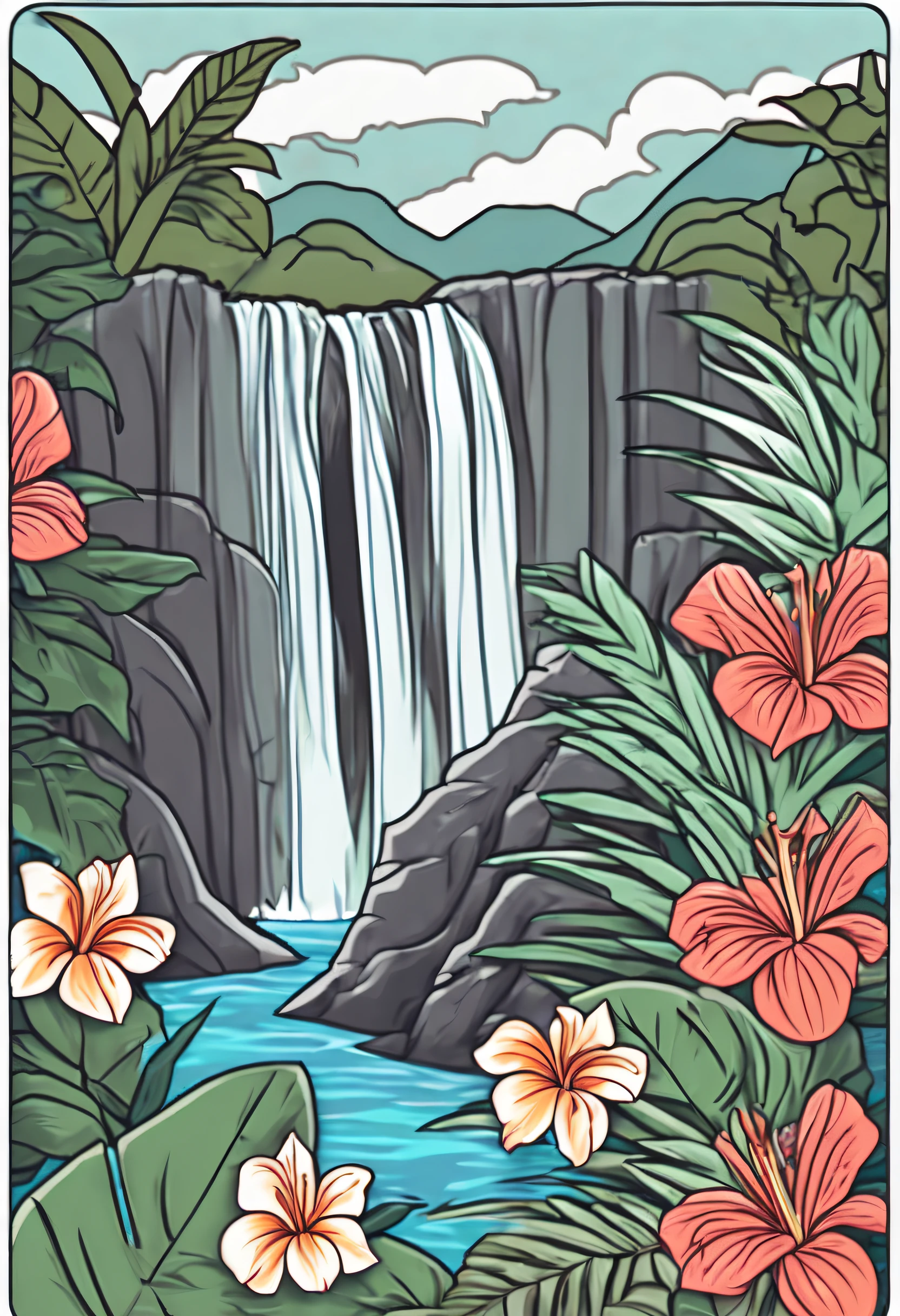 sticker of a waterfall outlined with tropical flowers (Irregular contour image)