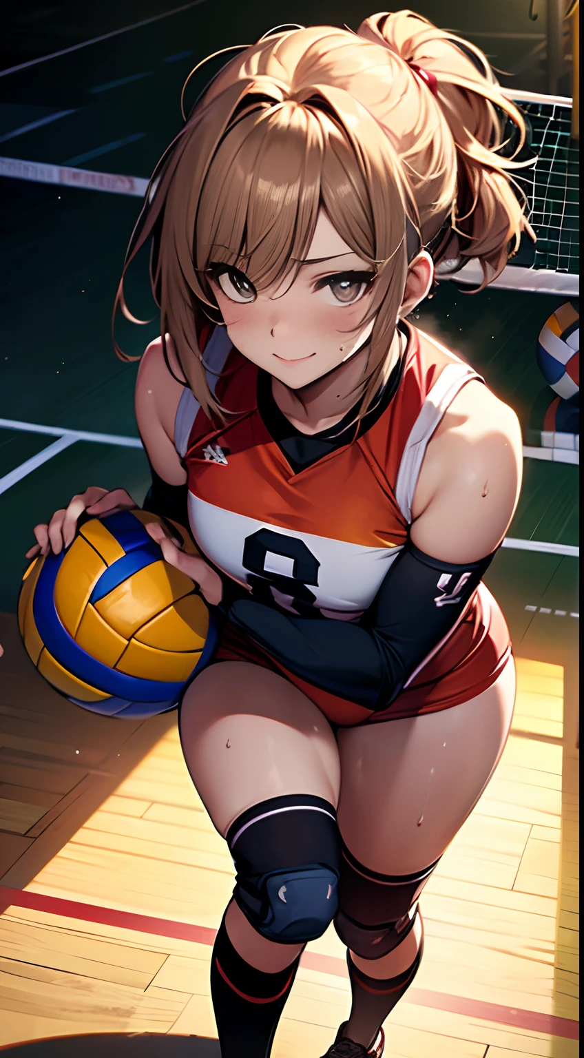 UHD, anatomically correct, 8k, (((masterpiece))), (((best quality))), (((ultra detailed))), (((high-resolution))), ((super fine illustration)), ((Ultimate cutie)), detailed beautiful face, solo, potbelly, ((curvy)), shiny hair, happy, smile, (blush),
BREAK, (((buruma))), ((sleeveless volleyball uniform)), ((elbow pad)), ((kneepad)), buruma, buruma, ((Volleyball stained with hand stains)),
BREAK, (((hold the spherical shape 6-inch volleyball in both hand))), ((sweat)), (perspired), (heavy breathing), sense of depth, in gymnasium,from above, looking at viewers, dynamic lighting