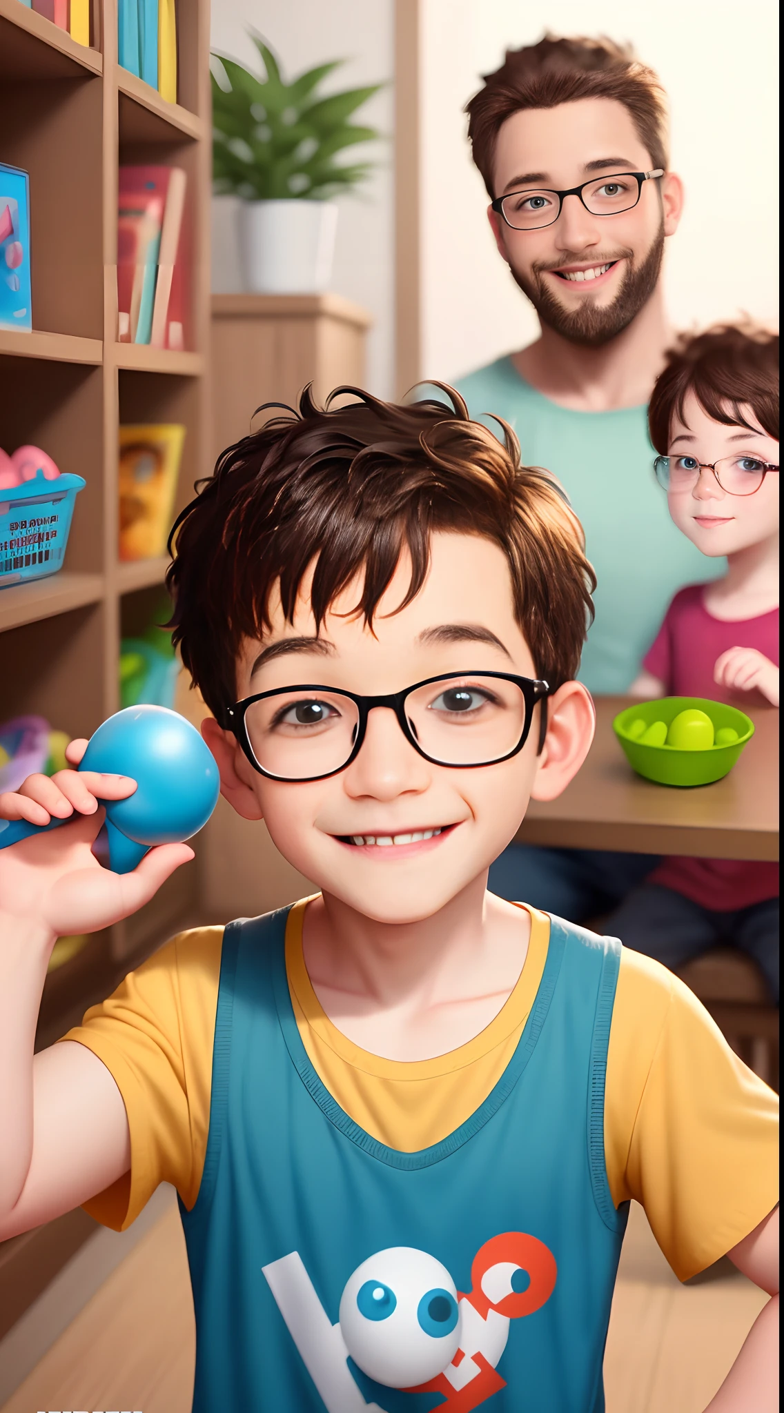 Pixar style poster in environment with children toys Disney Pixar style character, A man with short beard and short hair and glasses and a boy who are smiling at the camera, with a kid, imagem de qualidade muito alta, imagem retrato, menino com camisola de riscas largas, Short hair and 4--old sses