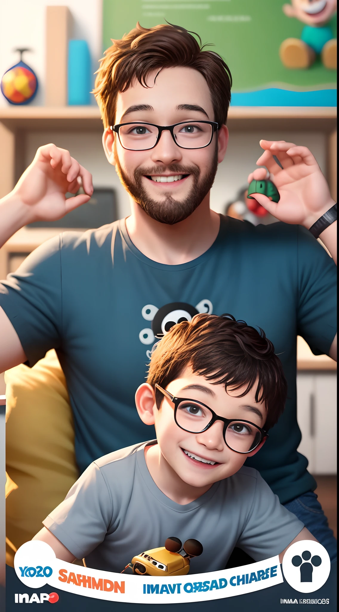 Pixar style poster in environment with children toys Disney Pixar style character, A man with short beard and short hair and glasses and a boy who are smiling at the camera, with a kid, imagem de qualidade muito alta, imagem retrato, menino com camisola de riscas largas, Short hair and 4-year-old glasses