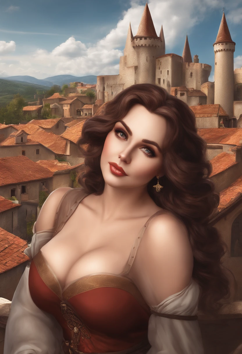 Mature female, gigantic cleavage breasts, Lips, Naughty face, Medieval city, Cloud, motherly, thicc