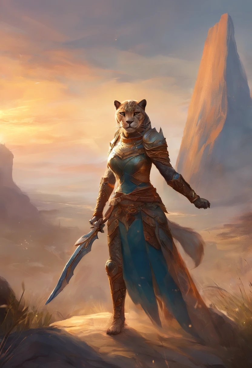 Khajiit Jaguar Female, in armor, stands, On the battlefield, with a sword, shield in hand
