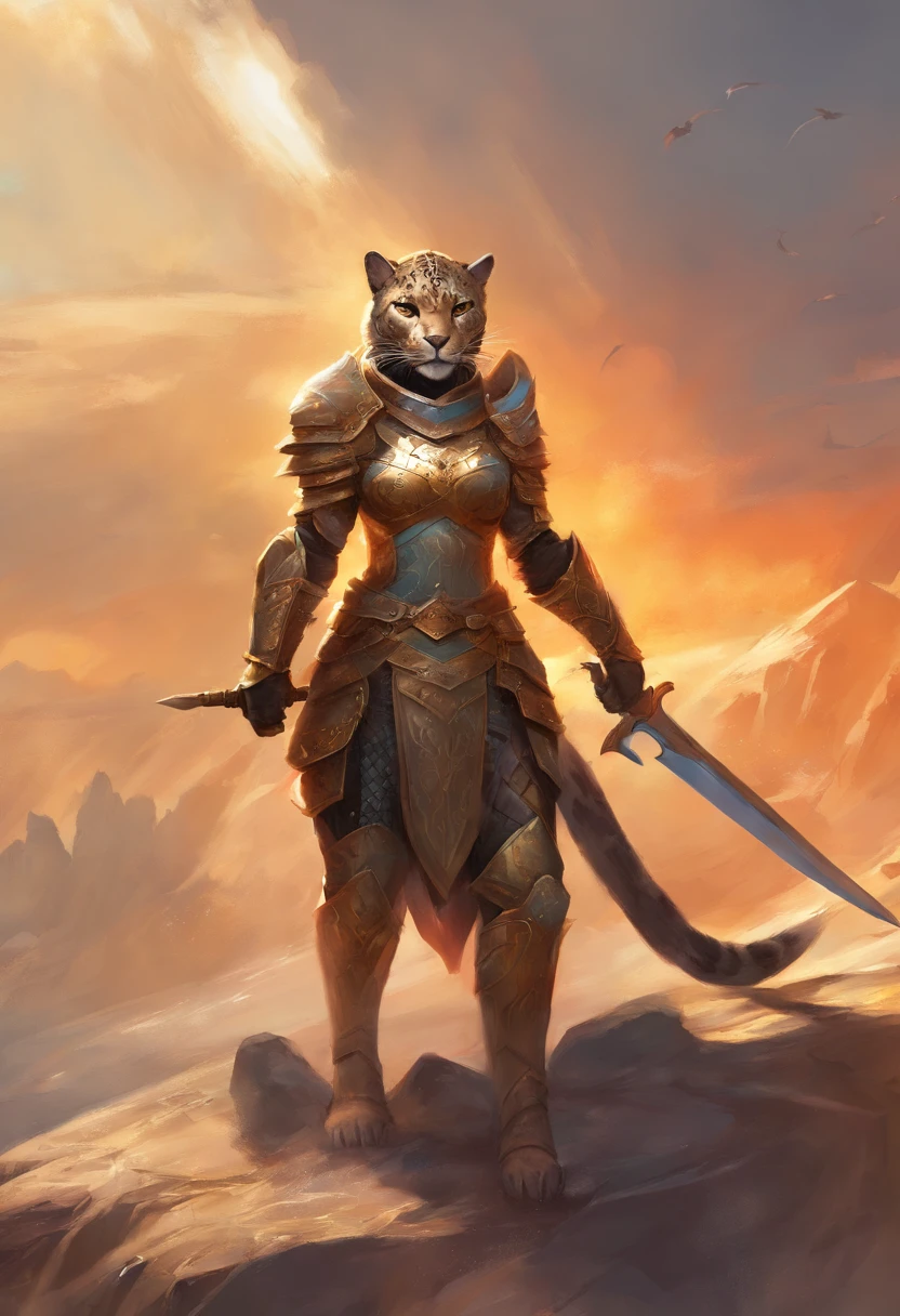 Khajiit Jaguar Female, in armor, stands, On the battlefield, with a sword, shield in hand
