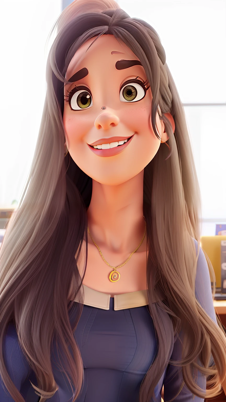 Poster no estilo Disney pixar, alta qualidade, melhor qualidade, mulher parda e sexy, 30 anos cabelo preto longo, corpo esbelto, with background in an architecture office