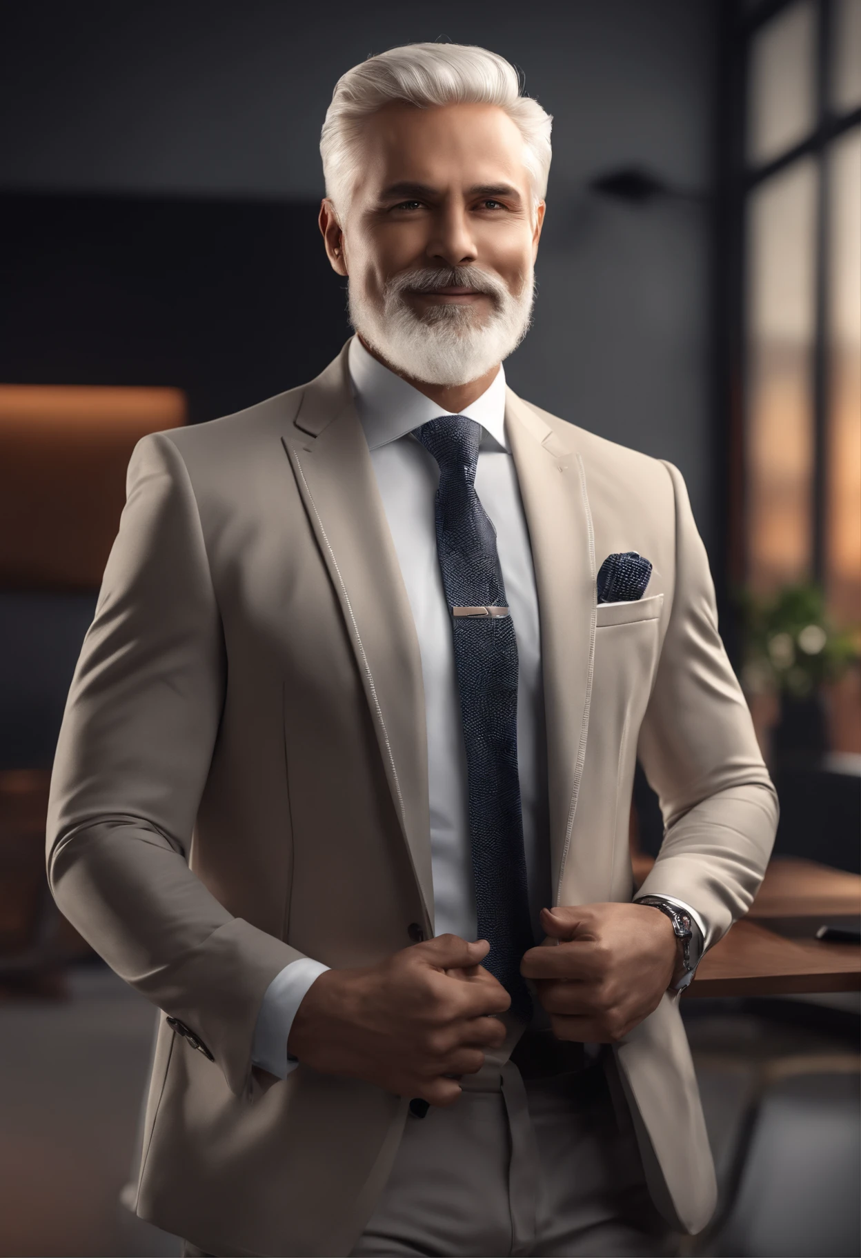 (best quality, highres, realistic:1.37), Ganjar Pranowo,white hair,3D character for business logo design, business man in formals, detailed tailored suit, professional posture, sophisticated facial expression, clean-shaven, confident smile, well-groomed hair, realistic textures, polished appearance, high-quality lighting, studio setup, vivid colors, crisp focus, attention to detail, professional portrait style, eye-catching composition, sharp lines and edges, modern aesthetic, dynamic pose, sleek design, sleek office background, corporate setting, elegant ambiance, polished branding, attention-grabbing logo, professional and stylish representation, memorable and impactful imagery.