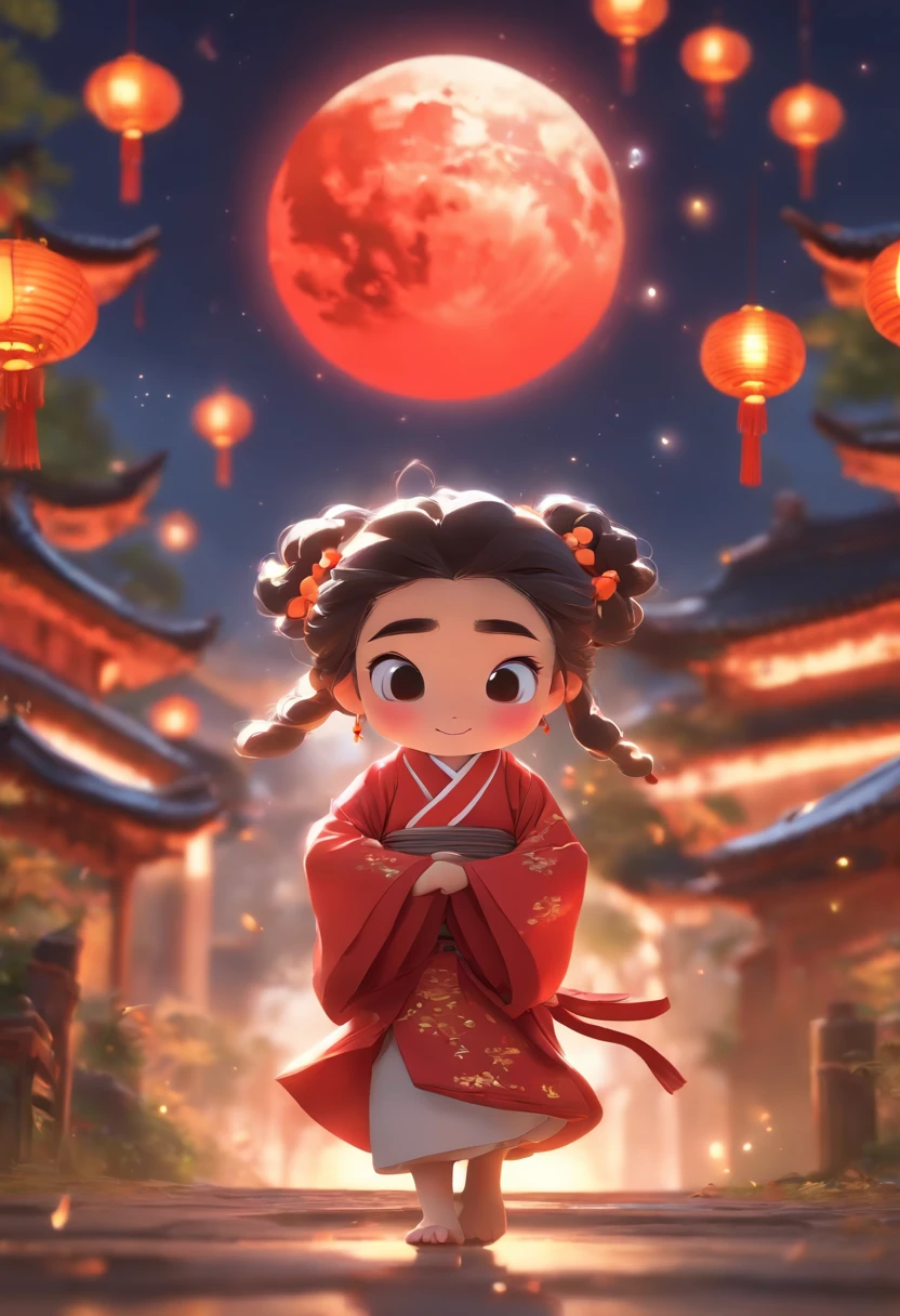 Super cute little anthropomorphic,Wearing a red Chinese Hanfu in Pixar style, Ela cabelo cacheado comprido castanho ,she is walking,Ela olhou em volta,apreciando a paisagem,She loves the mid-autumn festival celebrations,The background is a starry sky and a full moon, Olhos grandes encantadores,cauda bonito,super realistic,Super Detalhe,luxuoso,elegante,gorgeous,illusory engine,rendering by octane, 8k,Raio V,super realistic