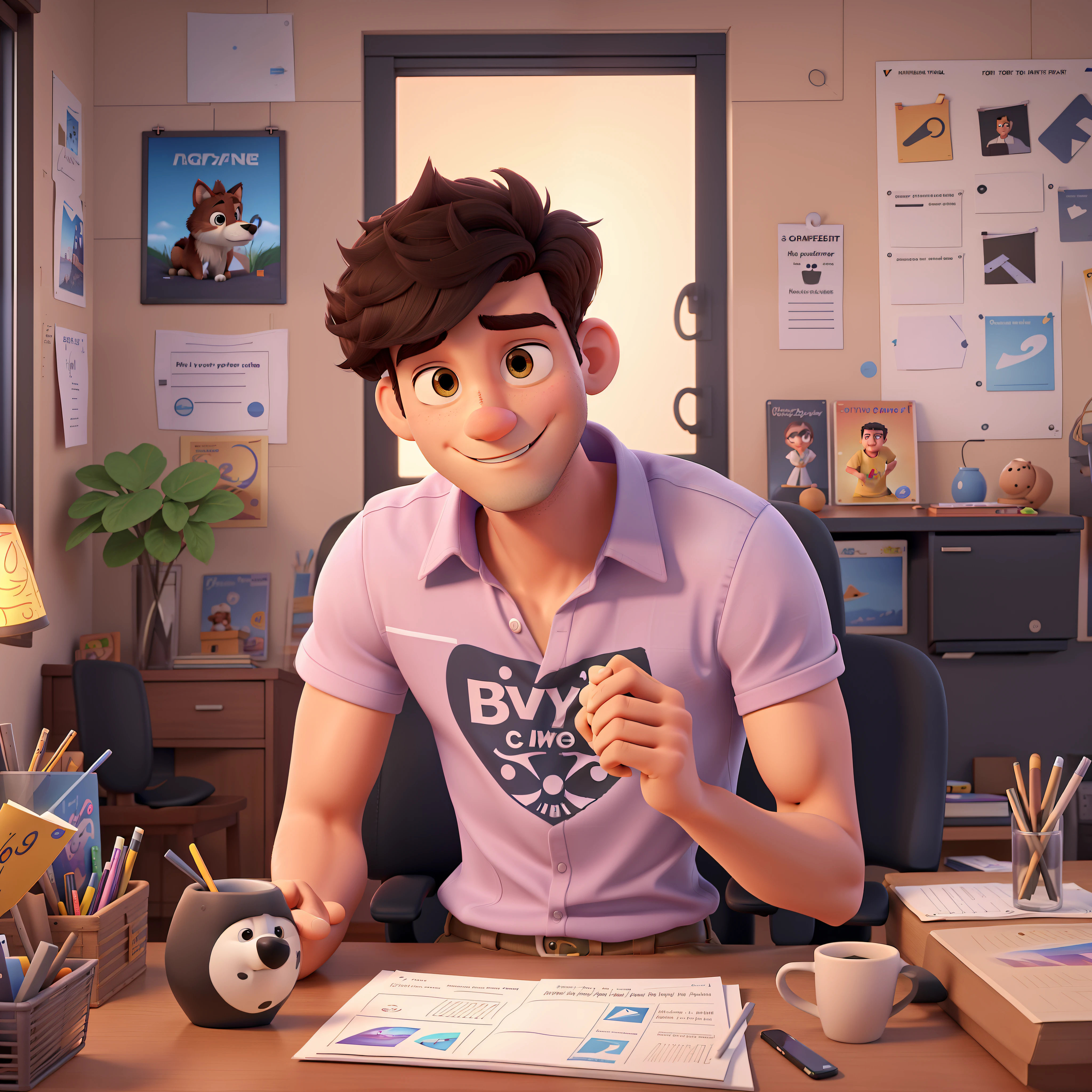 Create a Pixar movie poster texto "NILSON OLIVEIRA", Boy, approximately 25 years old, short and stylish hair, black hair and clean shave, light brown eyes, slightly muscular body, dress shirt, pink shirt, sitting in the office chair looking at the notebook with the Instagram icon, place a painting with the image of a wolf on the wall, a scene well lit by LEDs, cut style crop top, 3d render, poster, Pixar animation
