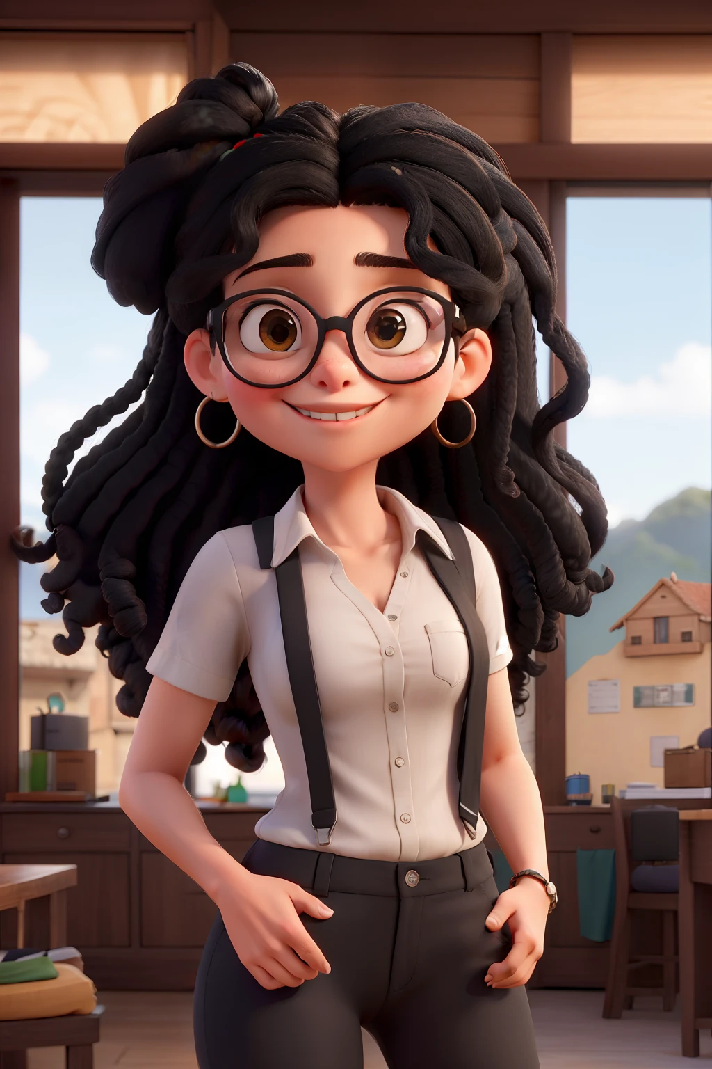 Obra-prima, de melhor qualidade, cinco mulheres de olhos castanhos, sorrindo, vendedoras de loja, Wearing black shirt and pants, usando brincos e colares, Standing joints inside the Morana store. A woman is a redhead, A woman has black hair tied up in a bun and wears glasses, A woman has long curly hair and wears glasses, uma mulher tem longos cabelos pretos lisos, A woman is black and has long straight black hair