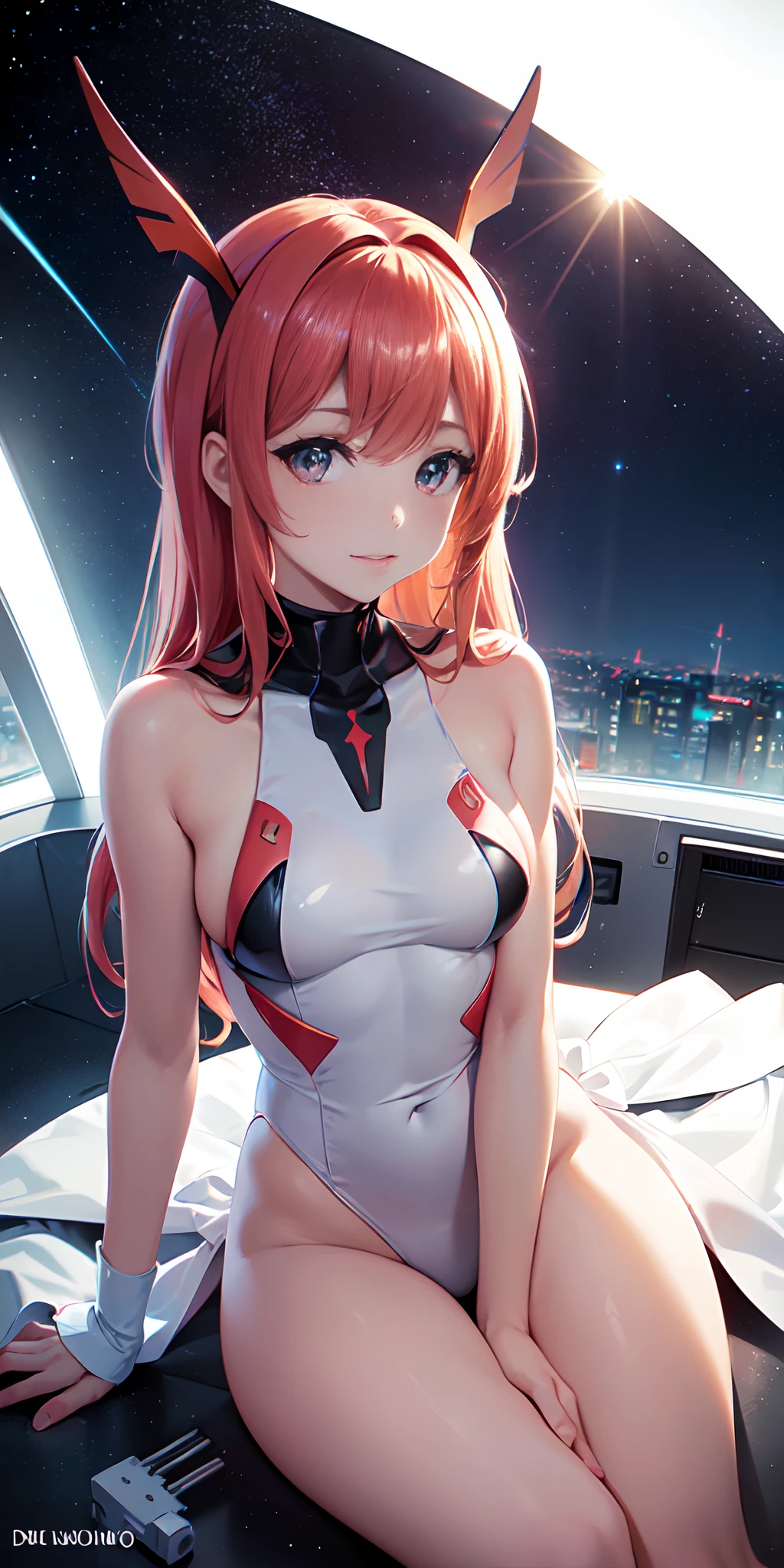 (Vista superior), Dynamic Angle, ultra detallado, illustration, primer plano, llano, 1 chica en, ((Darlinginthefranxx: cero dos, cero dos, cuernos rojos largos, Auriculares jack, Medias rosas: 1.4, cabello rosado)), His eyes shine like dreamy stars, (ojos brillantes: 1.233), (ojos hermosos y detallados: 1.1), (inexpresivo, boca cerrada), (En pie), (Mechanical room with tools and spacecraft windows in white mech), Tsuruwanglan en el fondo, (noche: 1.2), Dreamy, [Dedos y manos delgados: 0.55]::0.85], (Dedos de detalle)