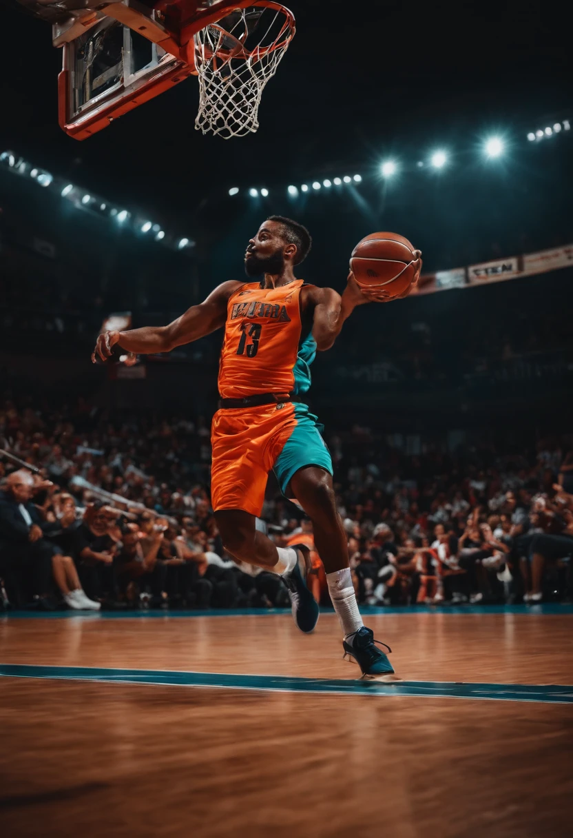 atleta em destaque, dando uma enterrada na cesta de basquete, no estilo vetor