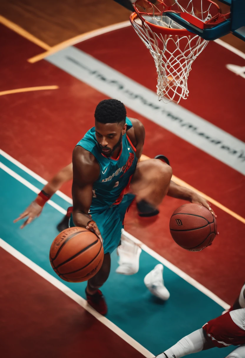 atleta em destaque, dando uma enterrada na cesta de basquete, no estilo vetor