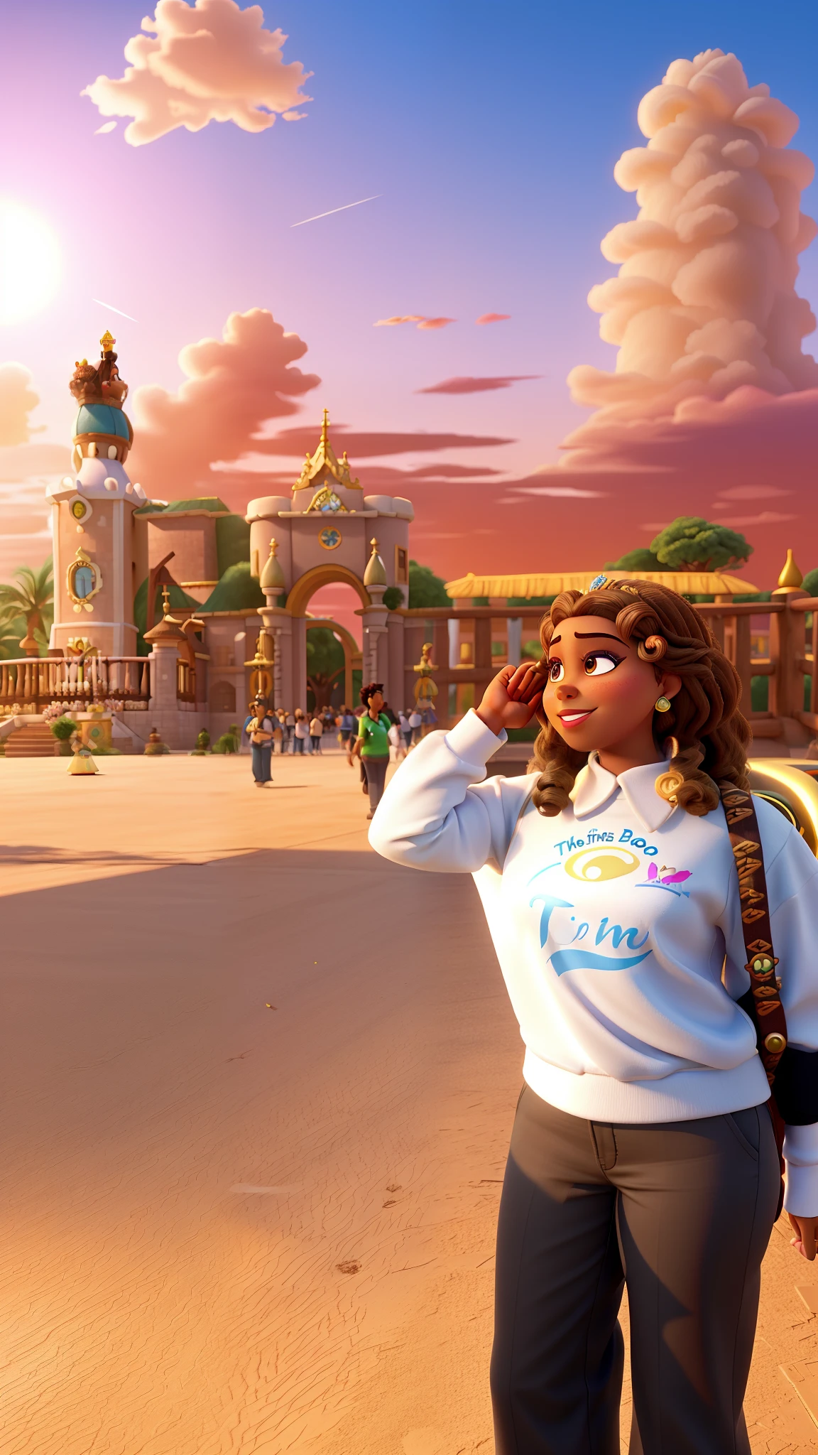 Make the person in the photo look like Princess Tiana, com o cabelo preto, e use o efeito disney como nos filmes da pixar
