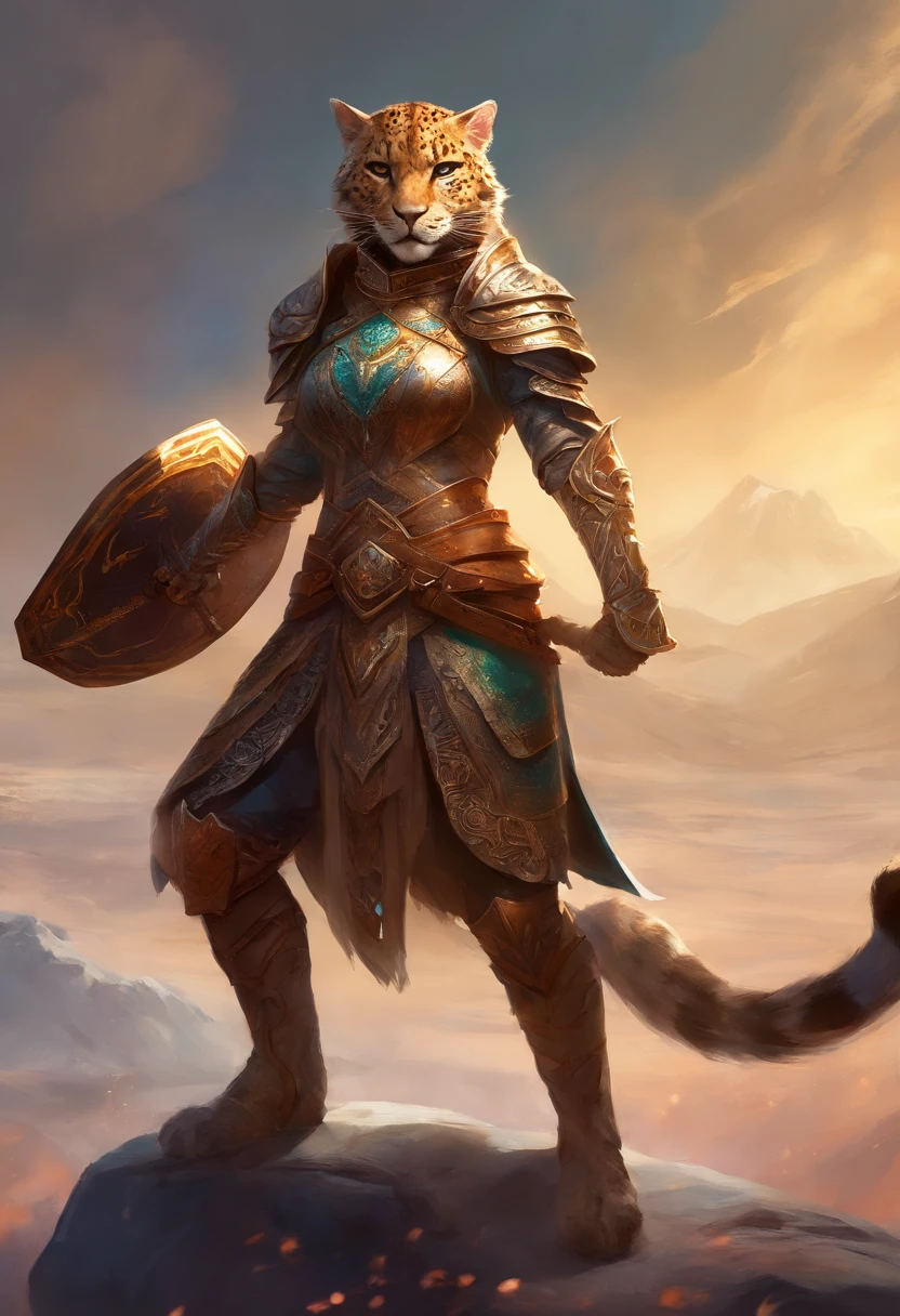 Khajiit Jaguar Female, in leather armor, On the battlefield, with a shield in his hands and a sword