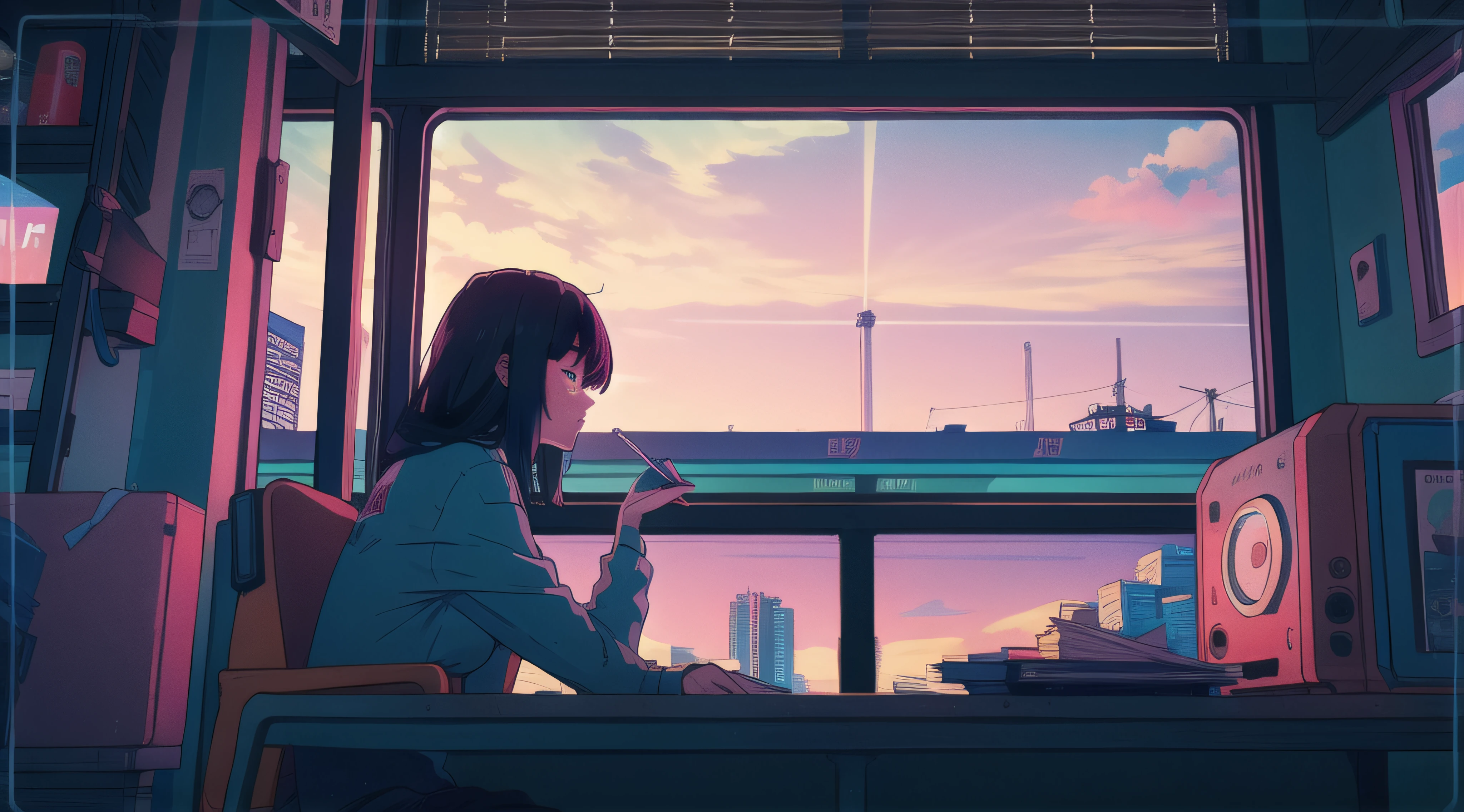 City, lo-fi, sunset, red and orange, girl studying