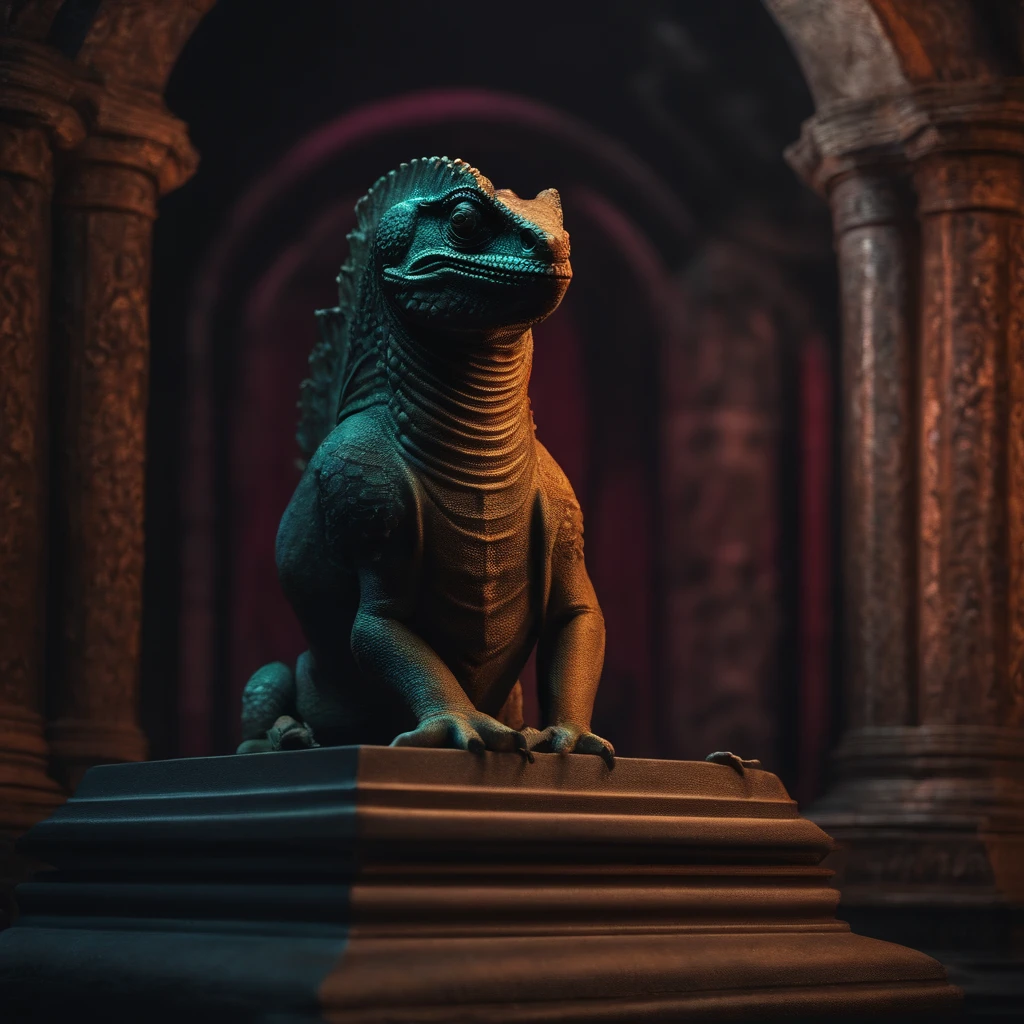 Dark evil chameleon background, with roman statue