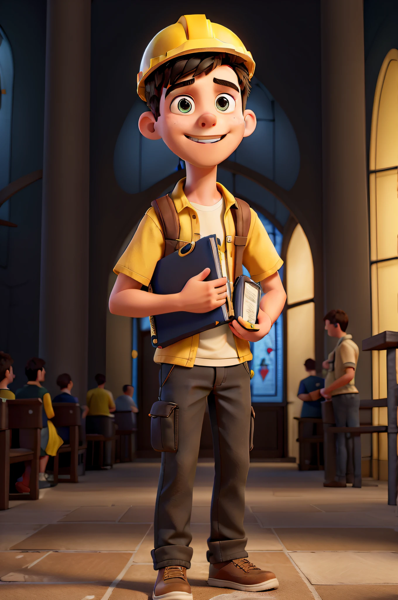A young man with a yellow construction helmet, short black hair, light eyes, holding a bible very happy. The setting is a very modern church, with colorful lights and several people in the background of the image. High quality image