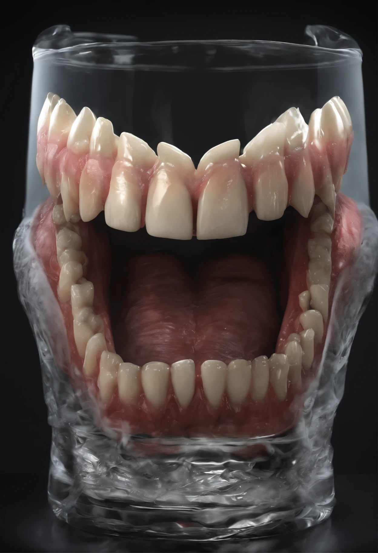 False teeth with fangs in a glass, dark undertones, Accent lighting, False teeth, fangs , Realistic