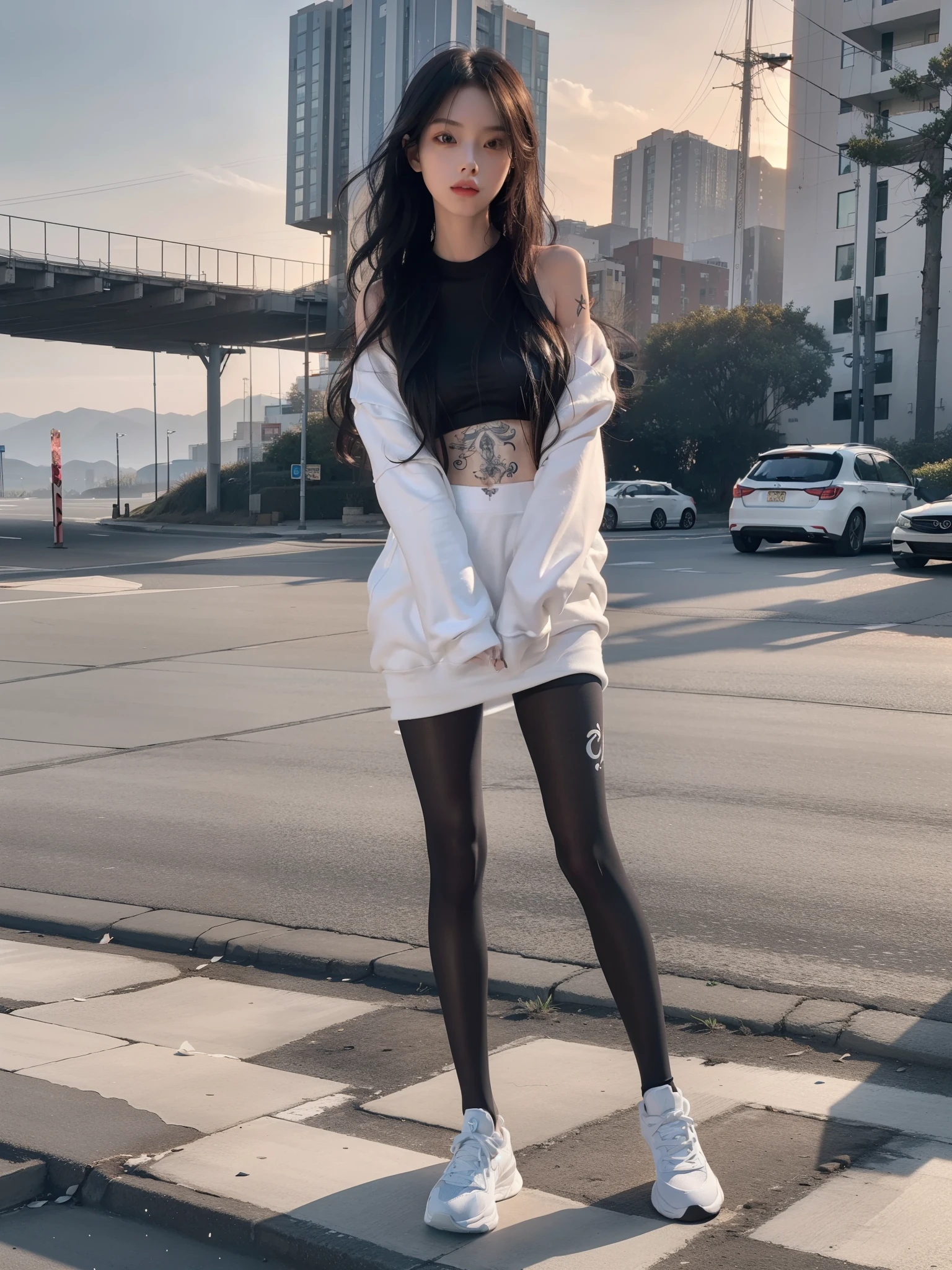 (full-body portraits:1.5),(1girll:1.3),(view the viewer:1.4),(anatomy correct:1.4),(White sweatshirt:1.2),(Black translucent pantyhose:1.3),(with tattoos:1.2),(wavy and long hair,Accurate and perfect face:1.3),(Slender and slender figure,Skinny,Skinny:1.2),(Smaller bust:1.3),(athletic sneakers:1.1),hyper HD, Ray traching, reflective light,structurally correct, Award-Awarded, High detail, Fade-in and fade-out shadow contrast, Face lighting ,Cinematic lighting, Masterpiece, super detailing, High quality, High detail, Best quality, 16k,High contrast