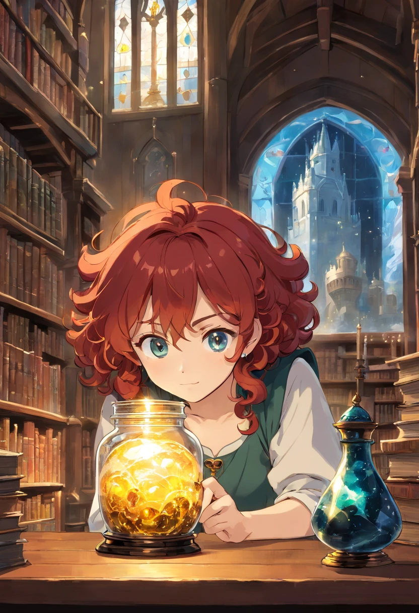 a teenager with curly hair, redhead with black highlights, looking at a glass jar with a marble crystal with gold inside on the table, in a medieval library