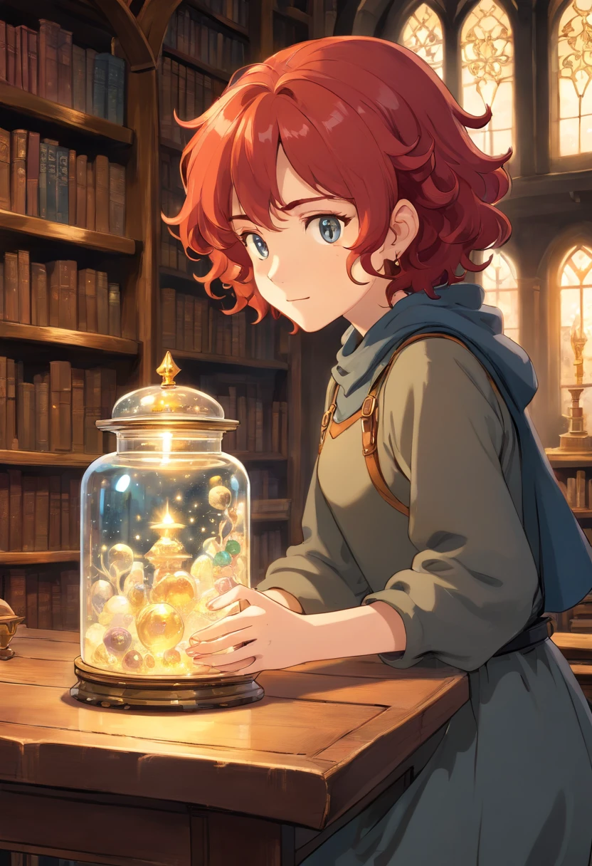 a teenager with curly hair, redhead with black highlights, looking at a glass jar with a marble crystal with gold inside on the table, in a medieval library
