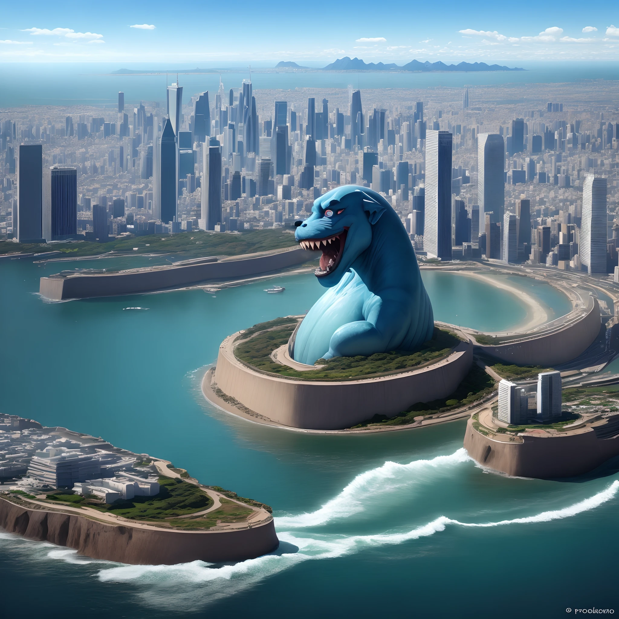 Monstro emergindo das profundezas do oceano, with a large metropolis in the background.