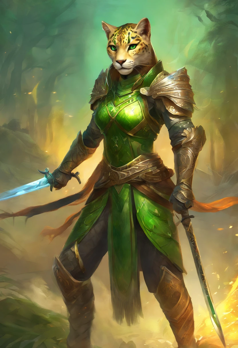 Khajiit Jaguar Female, green colored eyes, Hairstyle, hair tied in a ponytail, in armor, Beats, On the battlefield, with a sword and a shield in his hands