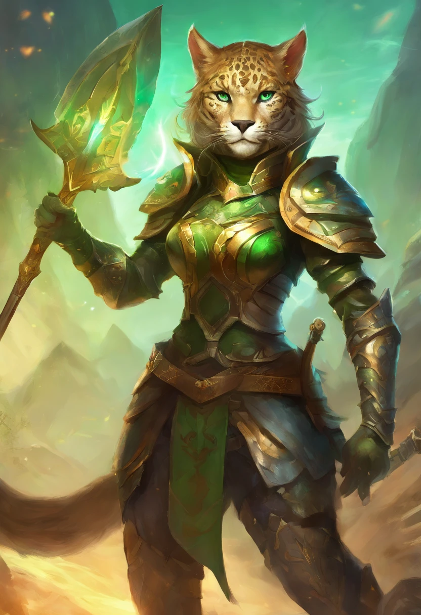 anthropomorphic, Jaguar, Female, green colored eyes, Hair tied in a ponytail, Brown, In Dragon Armor, portraite of a, against the backdrop of the desert, grinning, Looking into the distance, Holds a sword in his paw