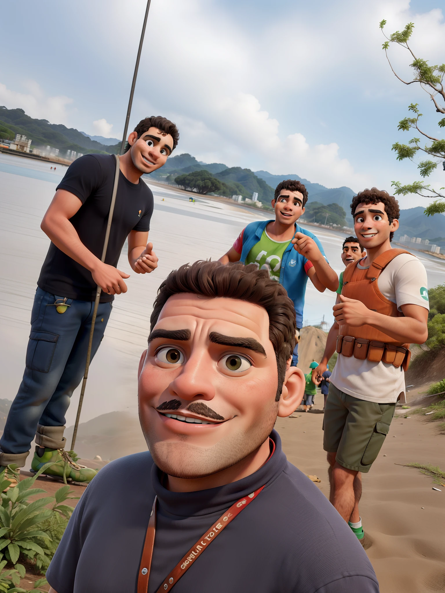 4 amigos dentro do rio para pescar. Obra-prima, de melhor qualidade.