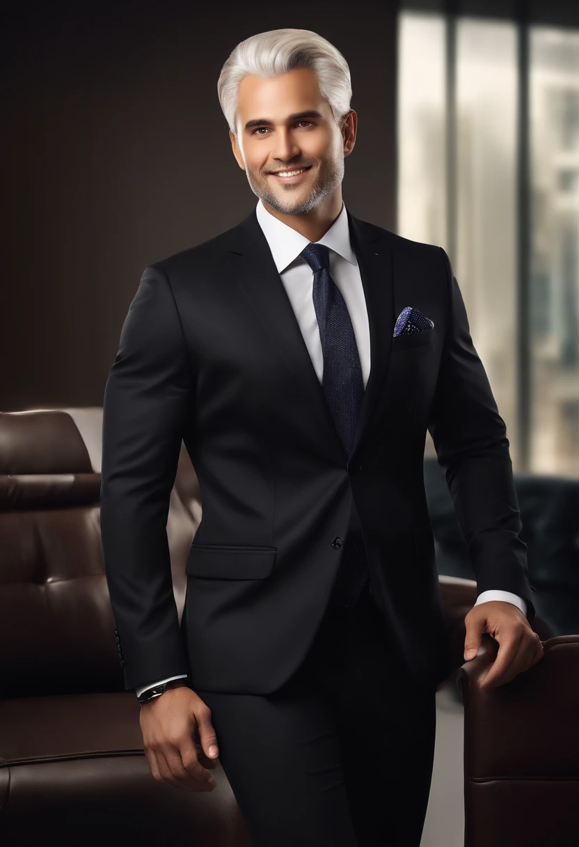 (best quality, high resolution, realistic: 1.37), Ganjar Pranowo, white hair, no beard, 3D character for business logo design, businessman in formal wear, detailed suit, professional posture, graceful facial expression, clean shaven, confident smile self, well-groomed hair, realistic texture, smooth appearance, high-quality lighting, studio setting, bright colors, sharp focus, attention to detail, professional portrait style, interesting composition, sharp lines and edges, modern aesthetic, dynamic poses, sleek design, sleek office backdrop, corporate atmosphere, elegant atmosphere, polished branding, attention-grabbing logo, professional and stylish representation, memorable and impactful imagery.