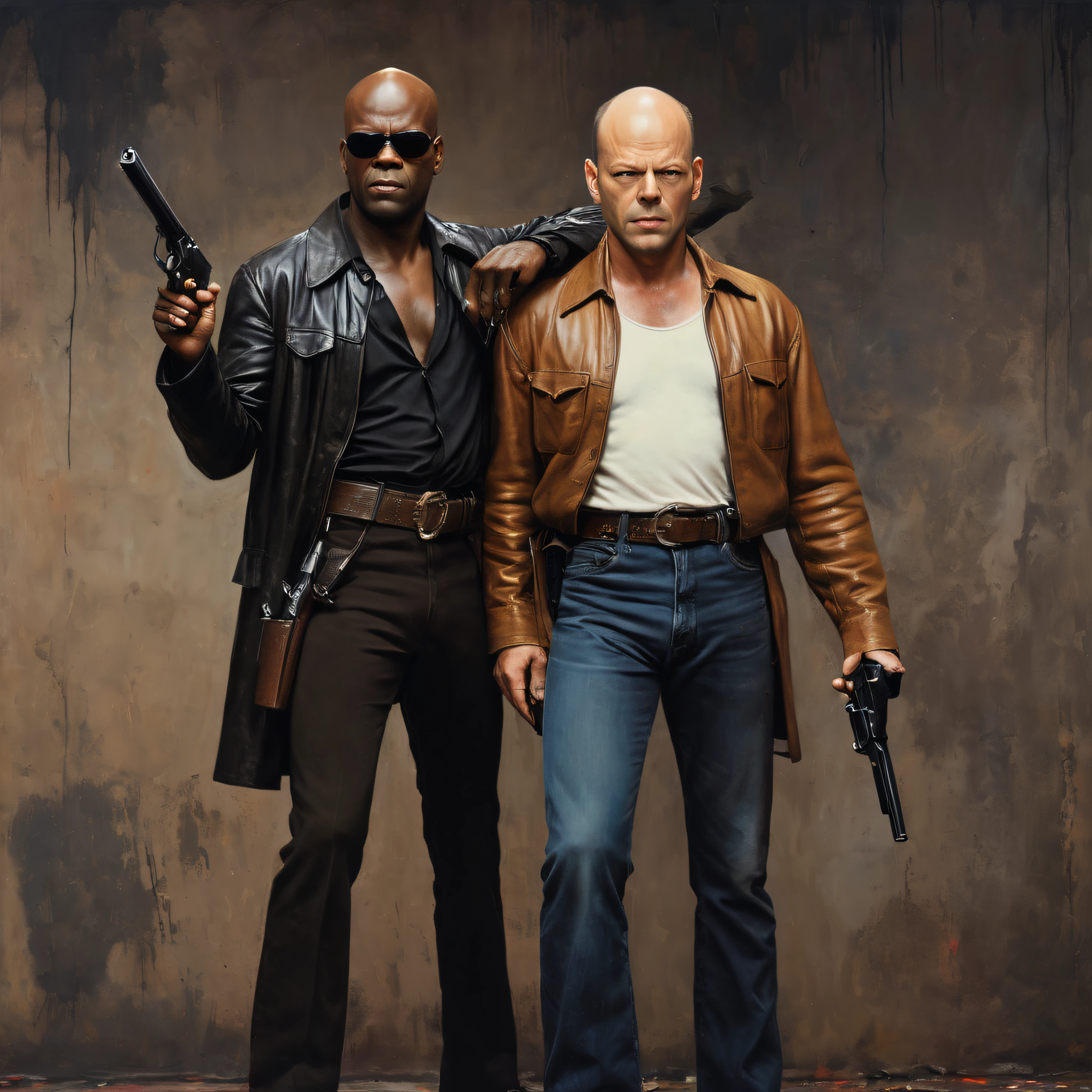 24 x 36 inch Movie Poster, Full body portrait, head to toe, a young Bruce Willis and a young Samuel L. Jackson brandishing pistols, back to back, a dark, stained wall in the background, oil painting on canvas, in the style of Frank Frazetta, 32k UHD, Vibrant, extremely colorful, sharp, detailed,