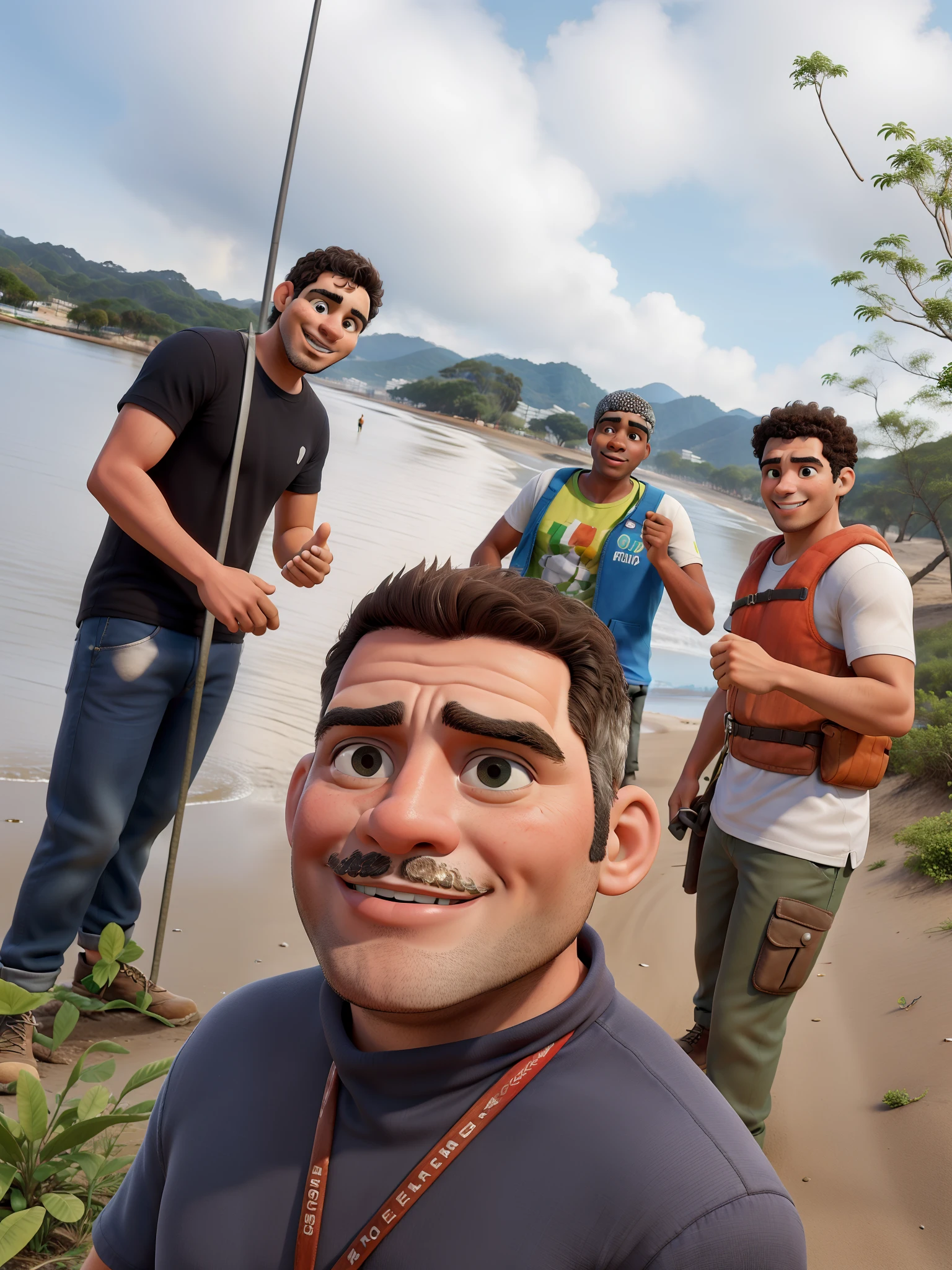 4 amigos dentro do rio para pescar. Obra-prima, de melhor qualidade.