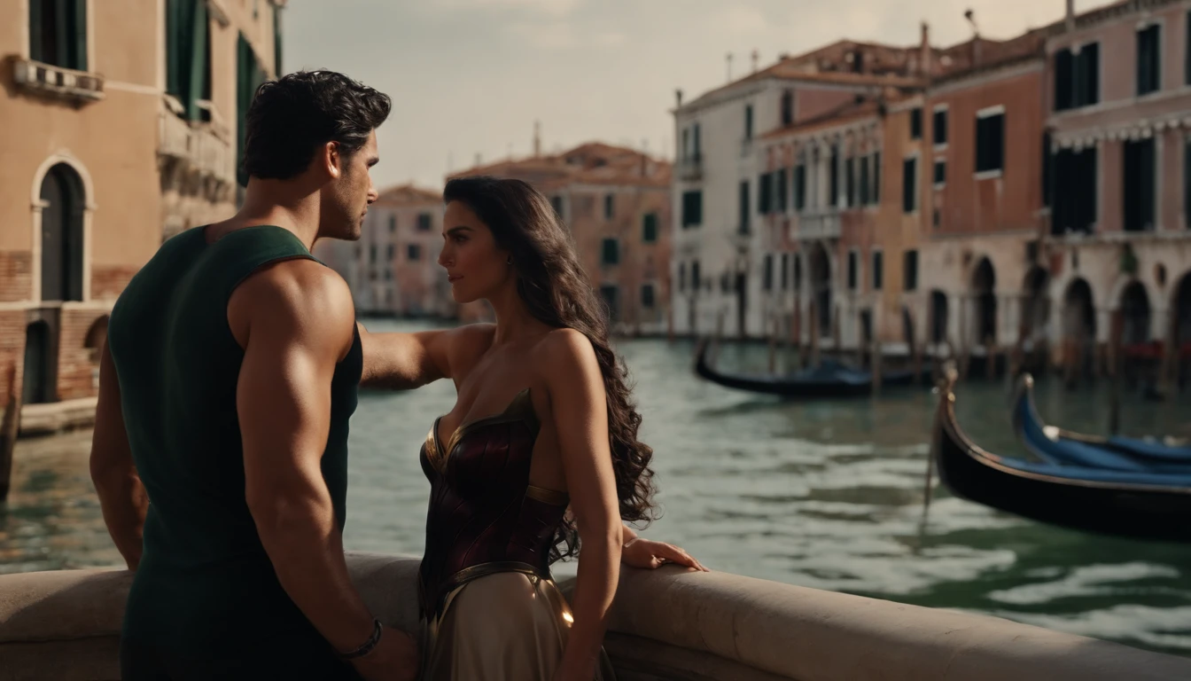 [End with a montage of Hulk and Wonder Woman enjoying the beauty of Venice, showcasing their love and the city's charm], black hair, Hyperrealism, cinematic lighting, high details, masterpiece, best quality, 4K, 8k