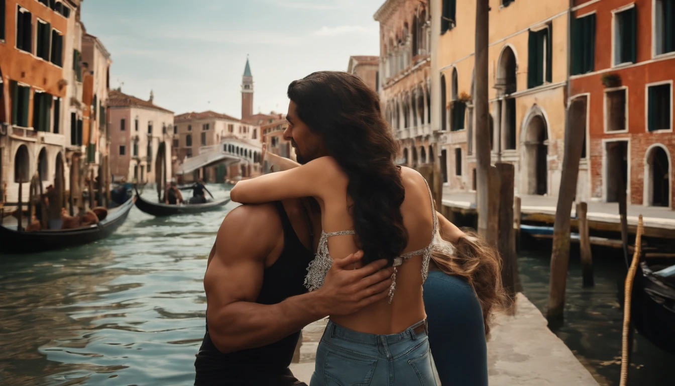 [End with a montage of Hulk and Wonder Woman enjoying the beauty of Venice, showcasing their love and the city's charm], black hair, Hyperrealism, cinematic lighting, high details, masterpiece, best quality, 4K, 8k