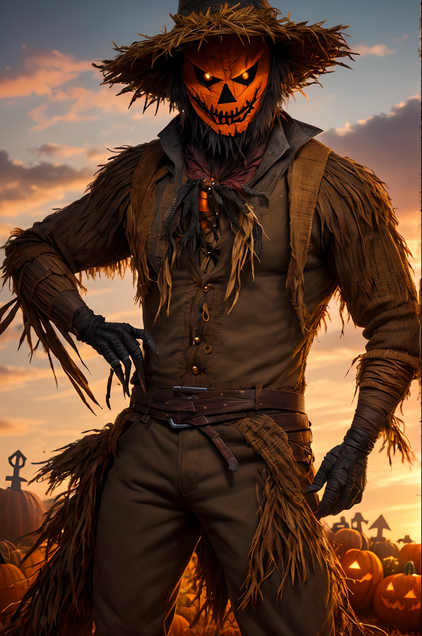 (extremely detailed 8k wallpaper), a medium shot photo of Scarecrow scary-monster made of straw from marvel, Halloween theme, Halloween decorations, intricate, high detail, dramatic
