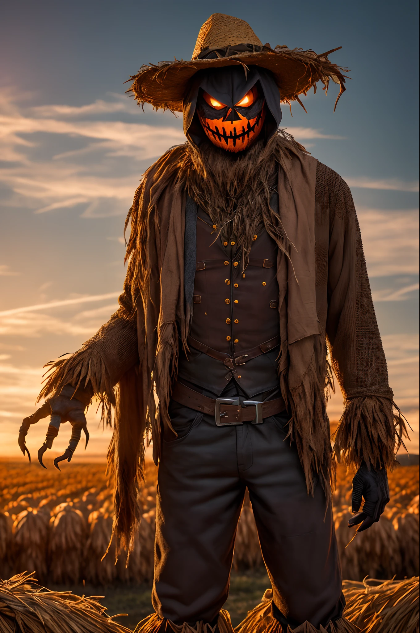 (extremely detailed 8k wallpaper), a medium shot photo of Scarecrow scary-monster made of  straw from marvel, Halloween theme, Halloween decorations, intricate, high detail, dramatic