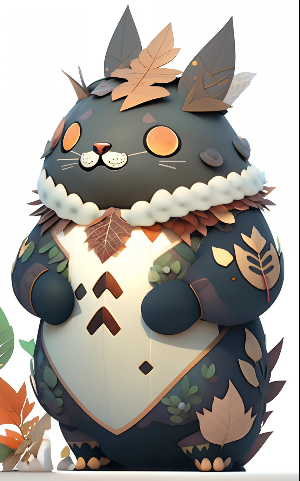 The official render has a cartoon character with a monster with bushes on his head,There are paper crafts with a cat and a cat with leaves, Cute detailed digital art, cat detailed, fat chibi grey cat, character art closeup, Great character design, Official concept art, 3 d render official art, official character art, cute detailed artwork, Sora as a cat, anime visual of a cute cat, official character illustration, The official render has a cartoon character with a monster with bushes on his head,