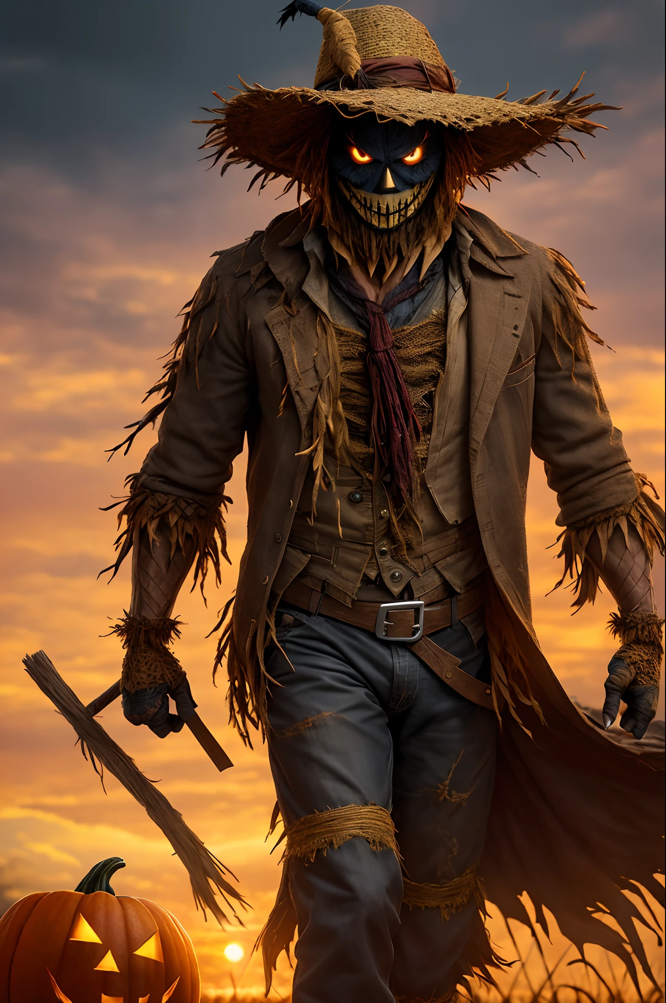 (extremely detailed 8k wallpaper), a medium shot photo of Scarecrow scary-monster made of straw from marvel, Halloween theme, Halloween decorations, intricate, high detail, dramatic