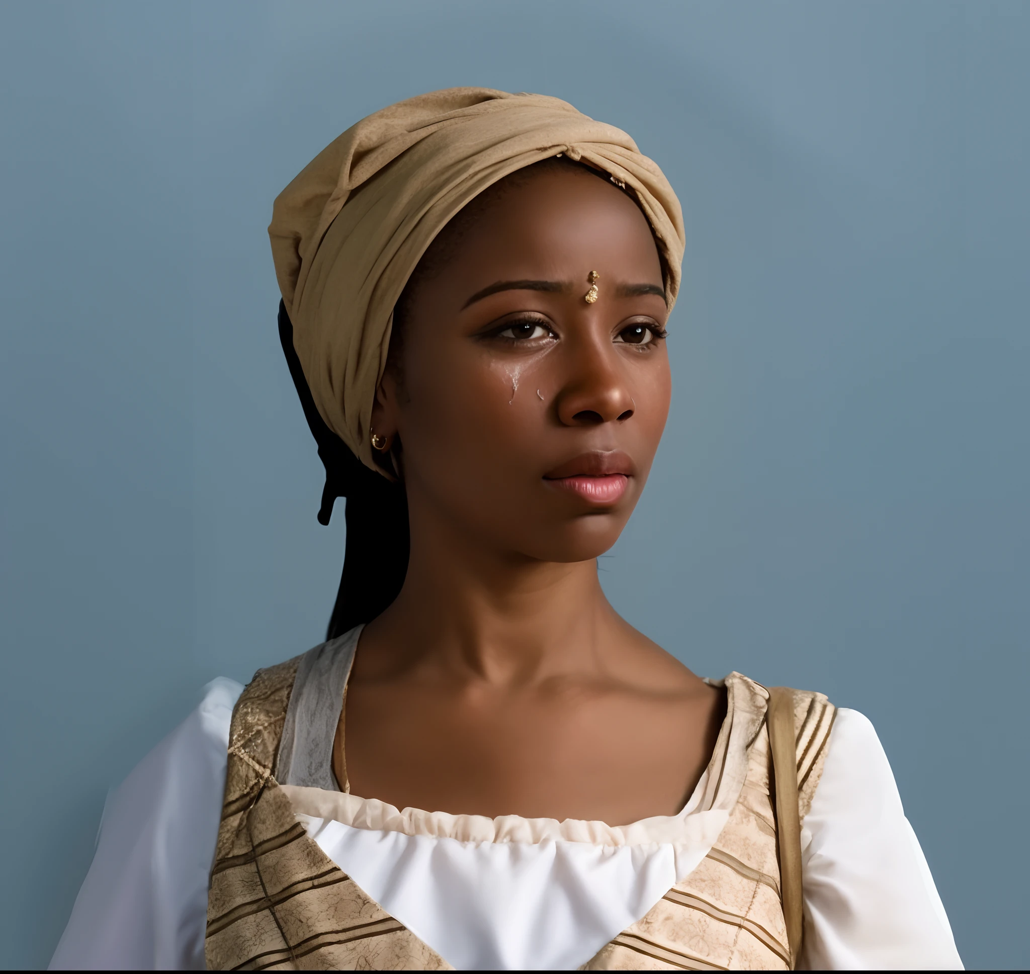 there is a black woman in a dress and a turban on a bed, photo of a black woman, augusta savage, sqare-jawed in medieval clothing, realistic renaissance portrait, slave black woman, crying, tears on her eyes, realistic image, 16k resolution